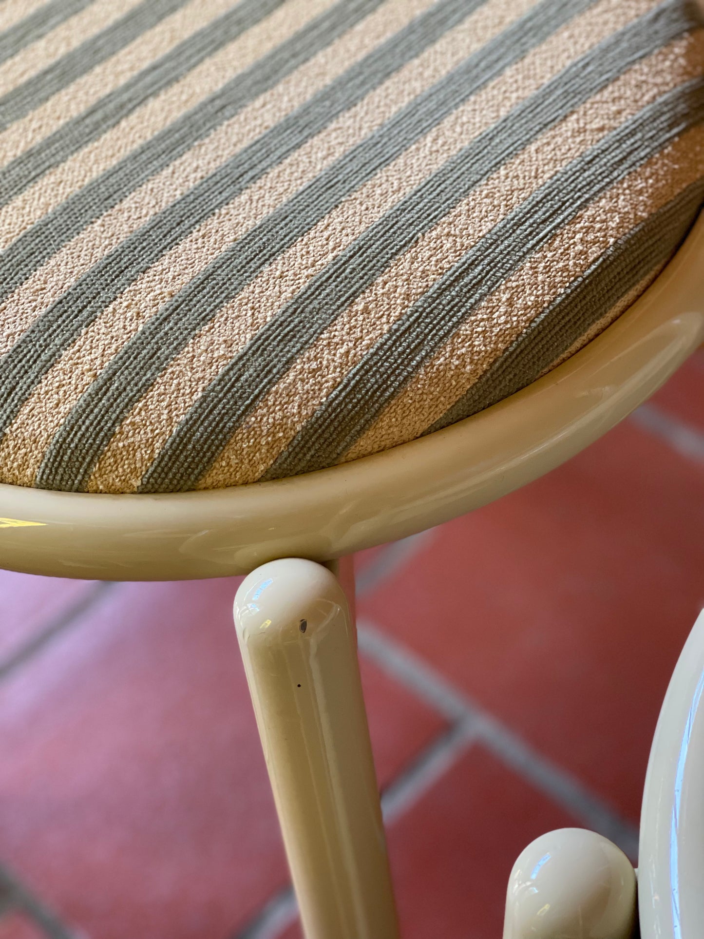 Lacquered Timber Ladderback Chairs with Stripe Upholstery