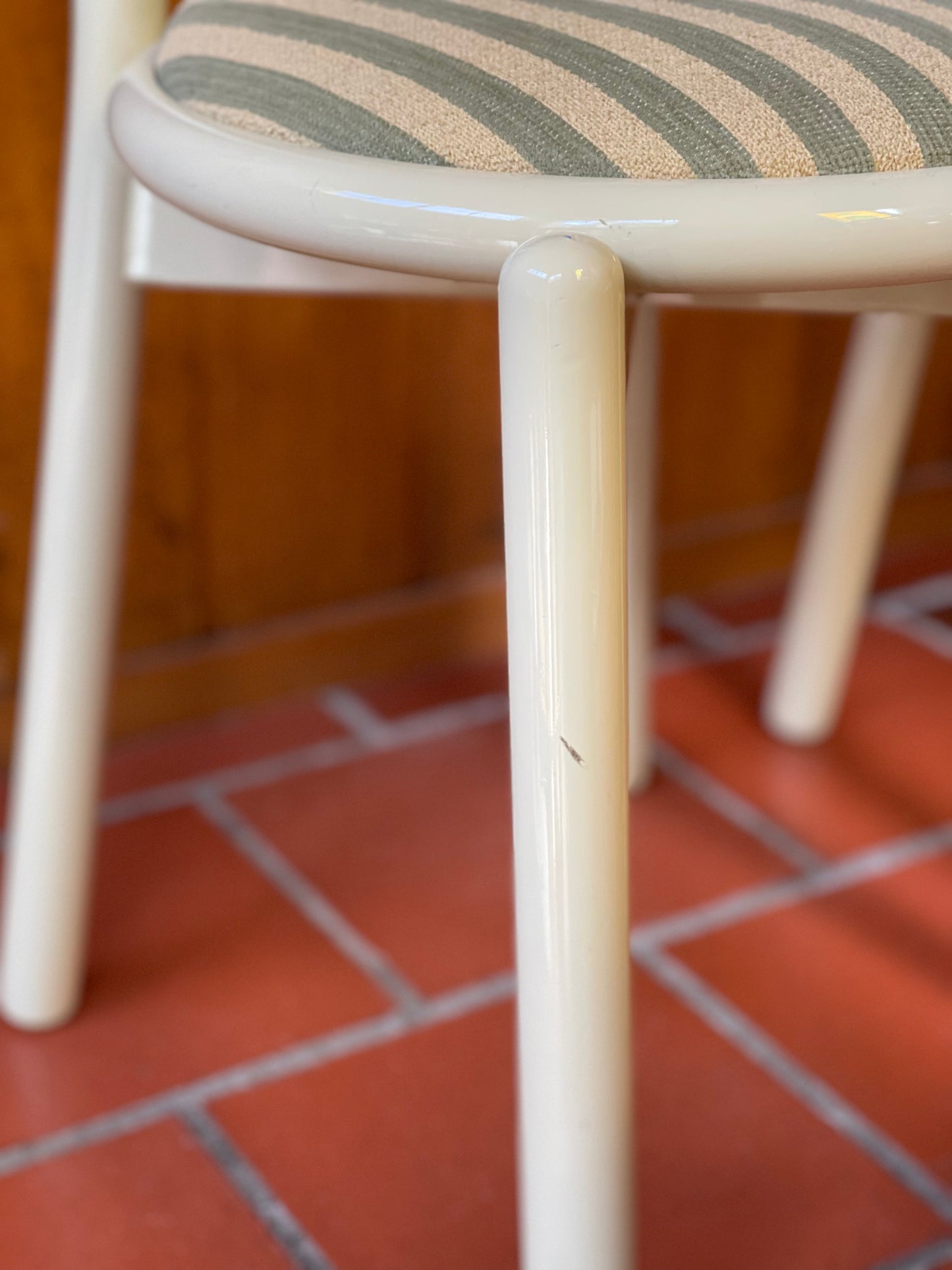 Lacquered Timber Ladderback Chairs with Stripe Upholstery
