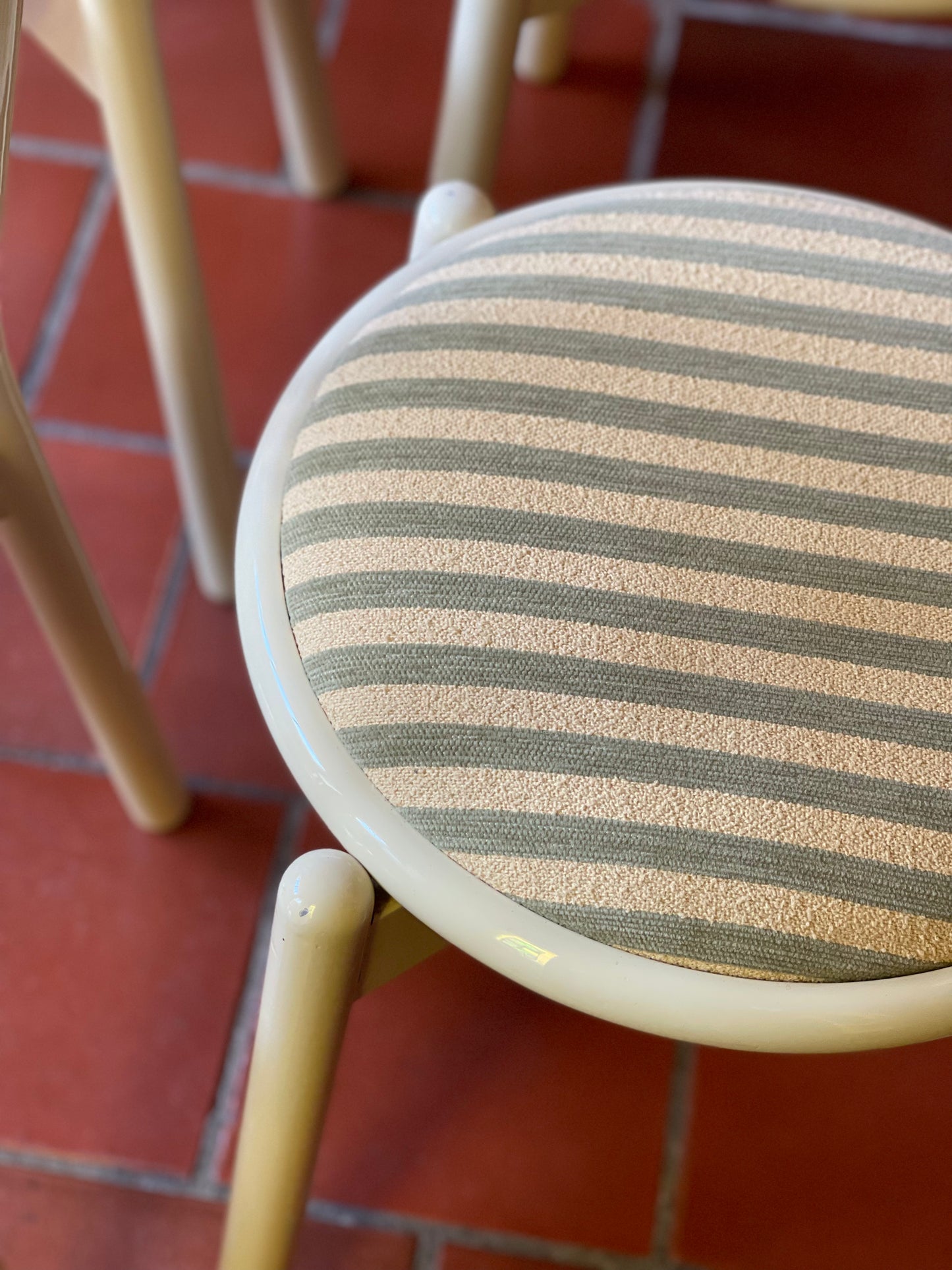 Lacquered Timber Ladderback Chairs with Stripe Upholstery