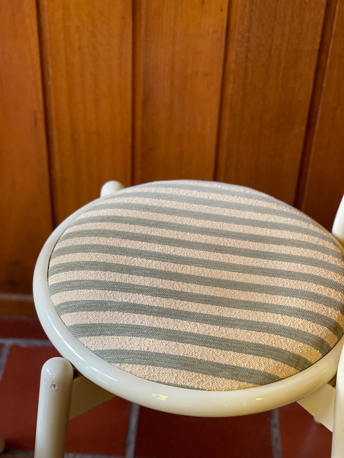 Lacquered Timber Ladderback Chairs with Stripe Upholstery