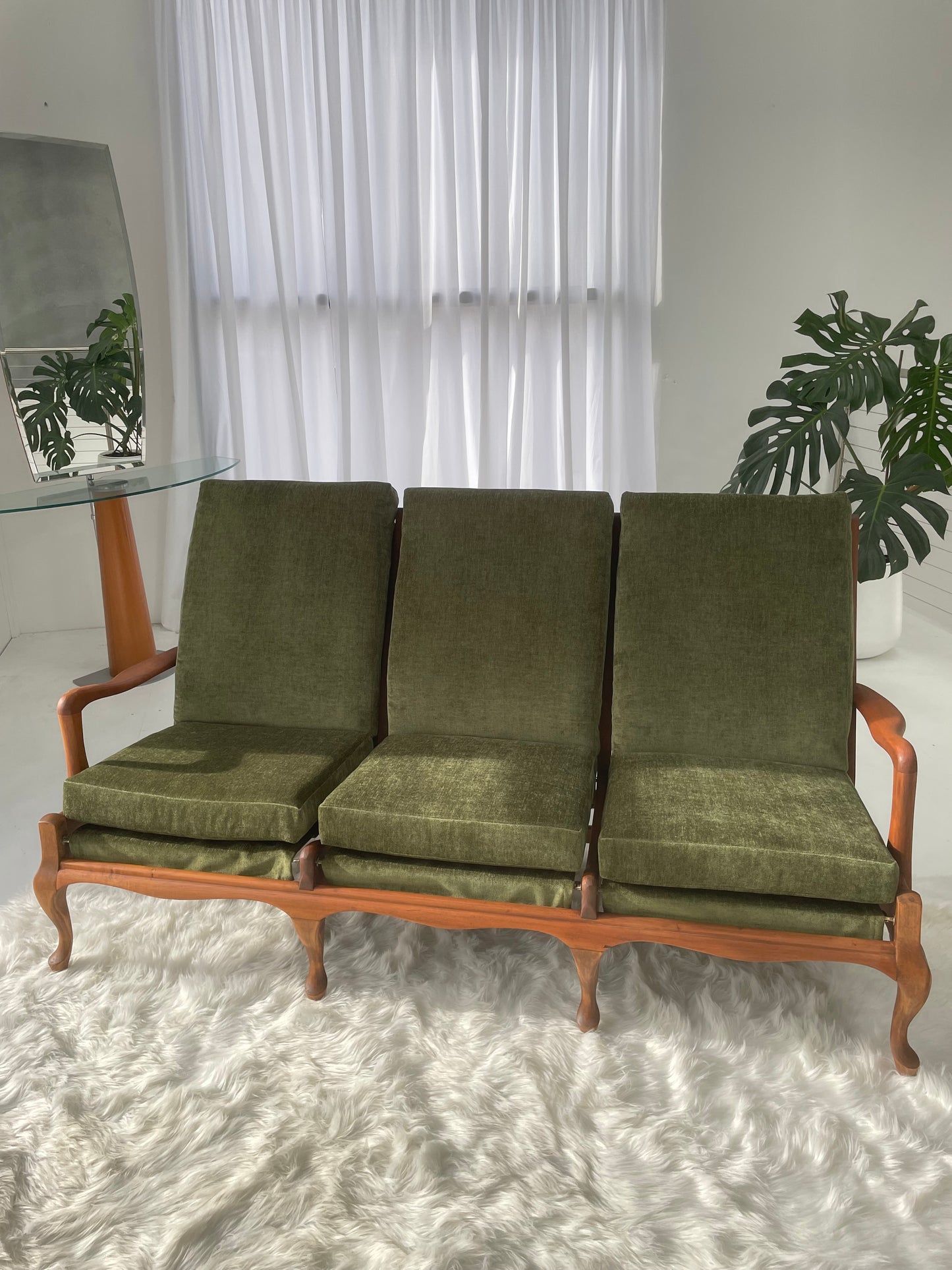 Restored Vintage Green Three-Seater Sofa & Armchairs