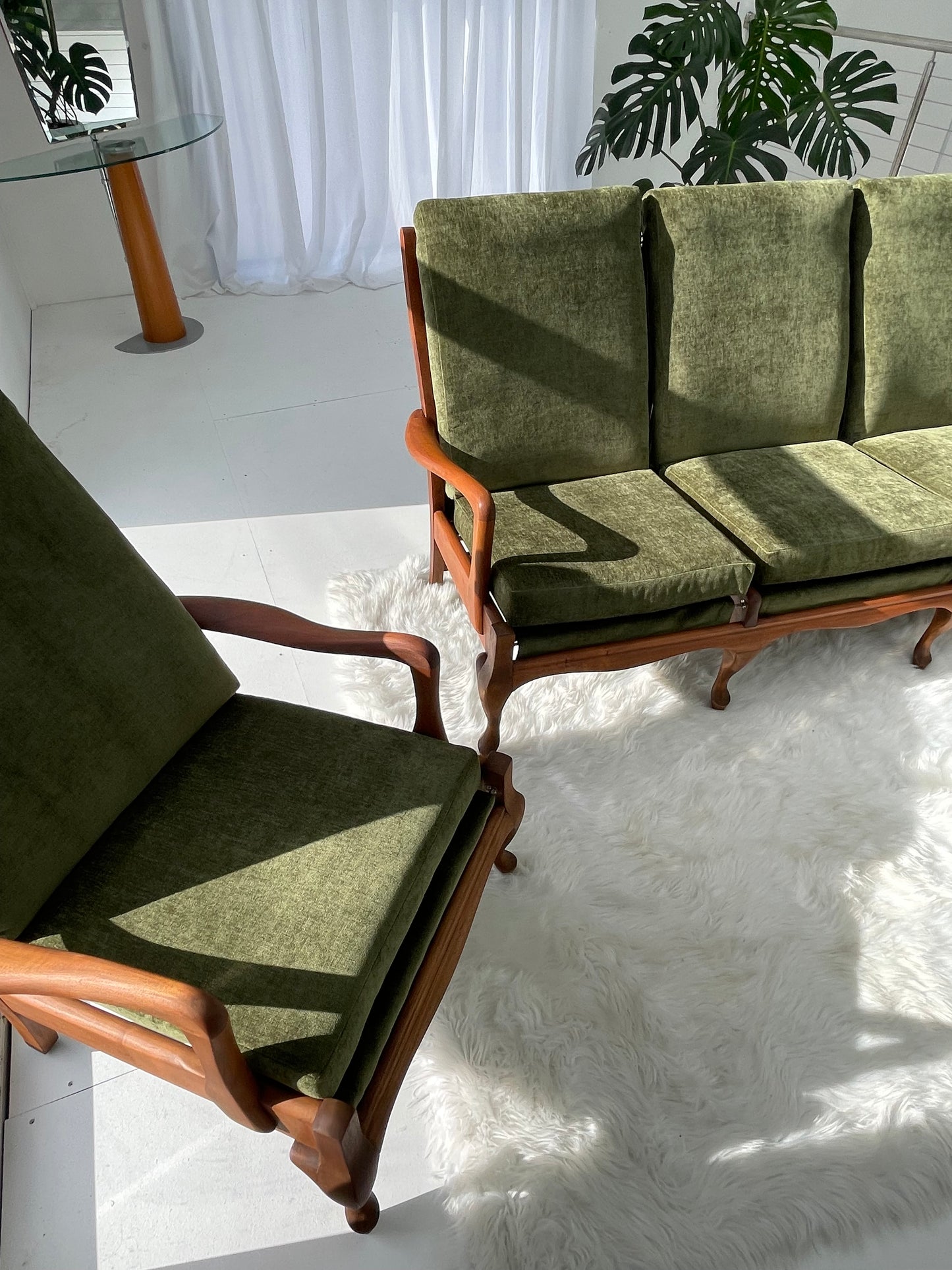 Restored Vintage Green Three-Seater Sofa & Armchairs