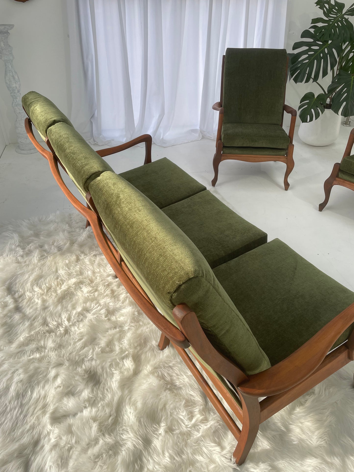 Restored Vintage Green Three-Seater Sofa & Armchairs