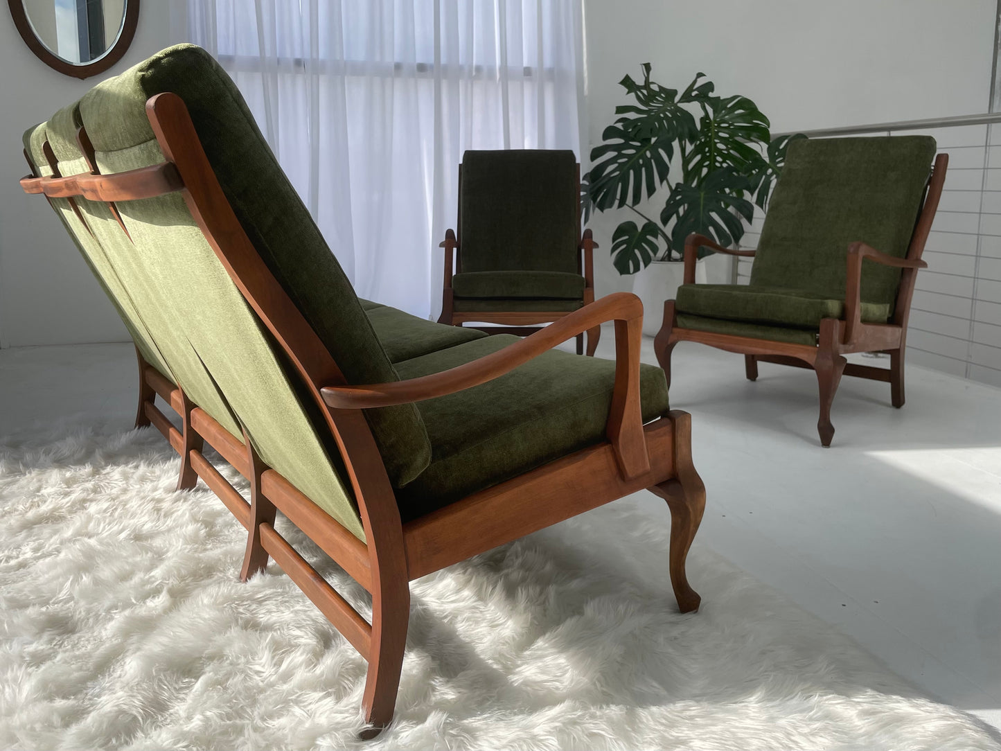 Restored Vintage Green Three-Seater Sofa & Armchairs