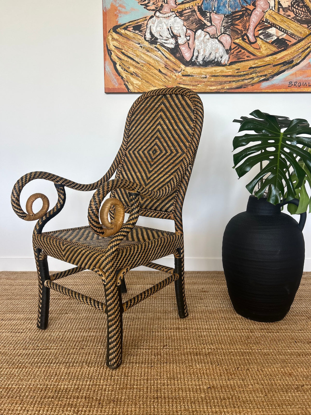 1960s Chevron Rattan Armchair