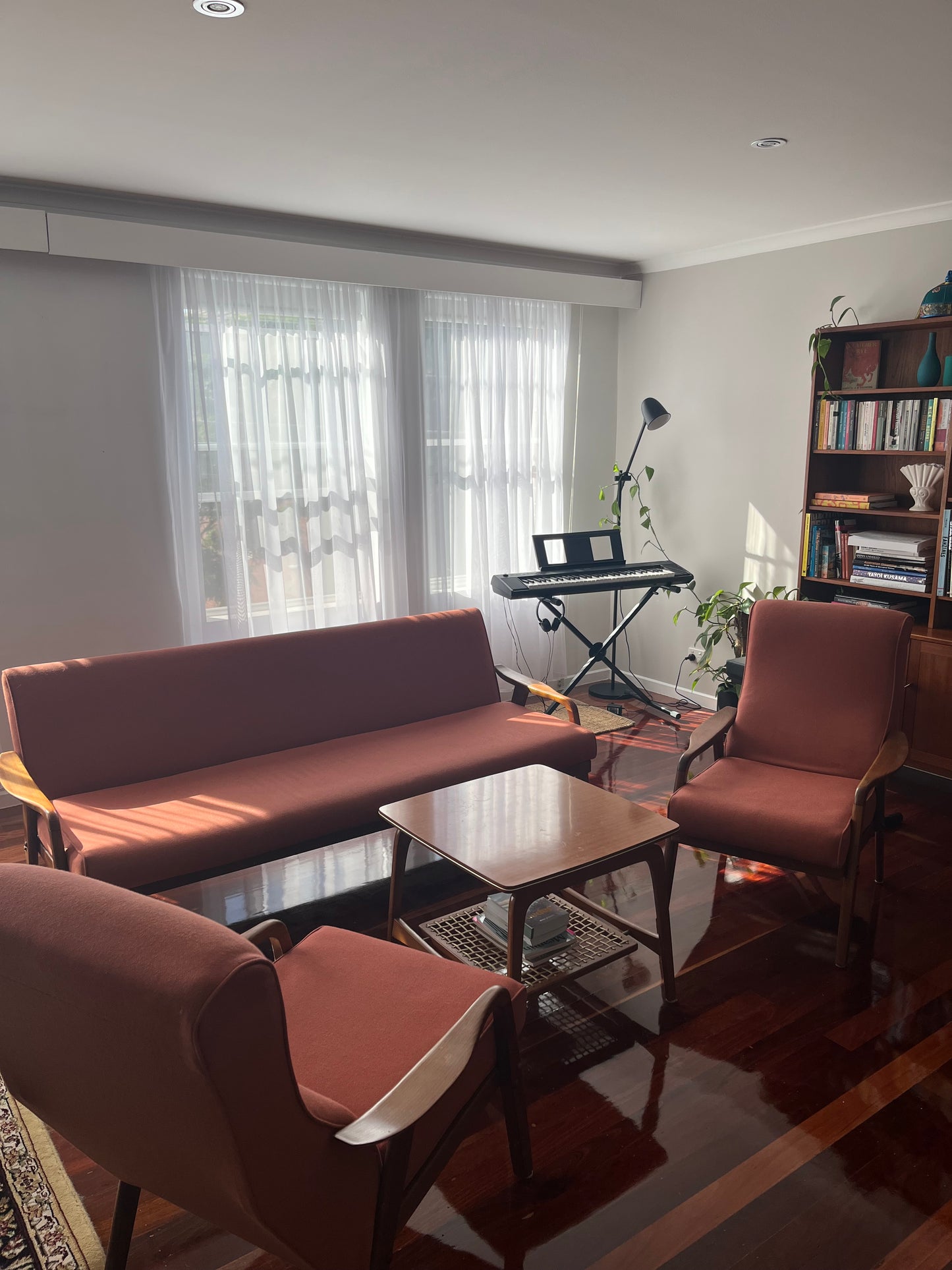 Mid Century Teak Sofa and Coffee Table Setting (armchairs not included)