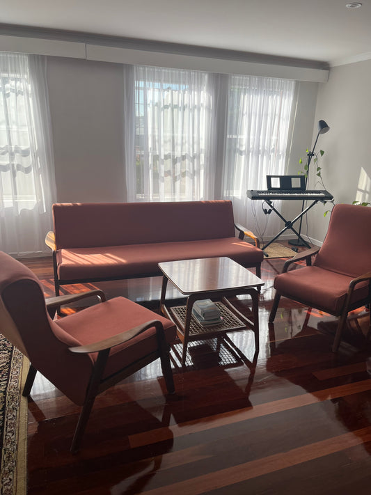 Mid Century Teak Sofa and Coffee Table Setting (armchairs not included)