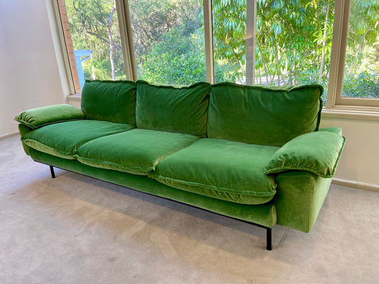 Green Velvet Retro Sofa - Four Seater
