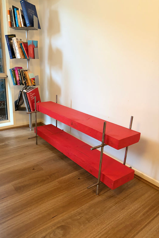 Polished Steel and Red Timber Table