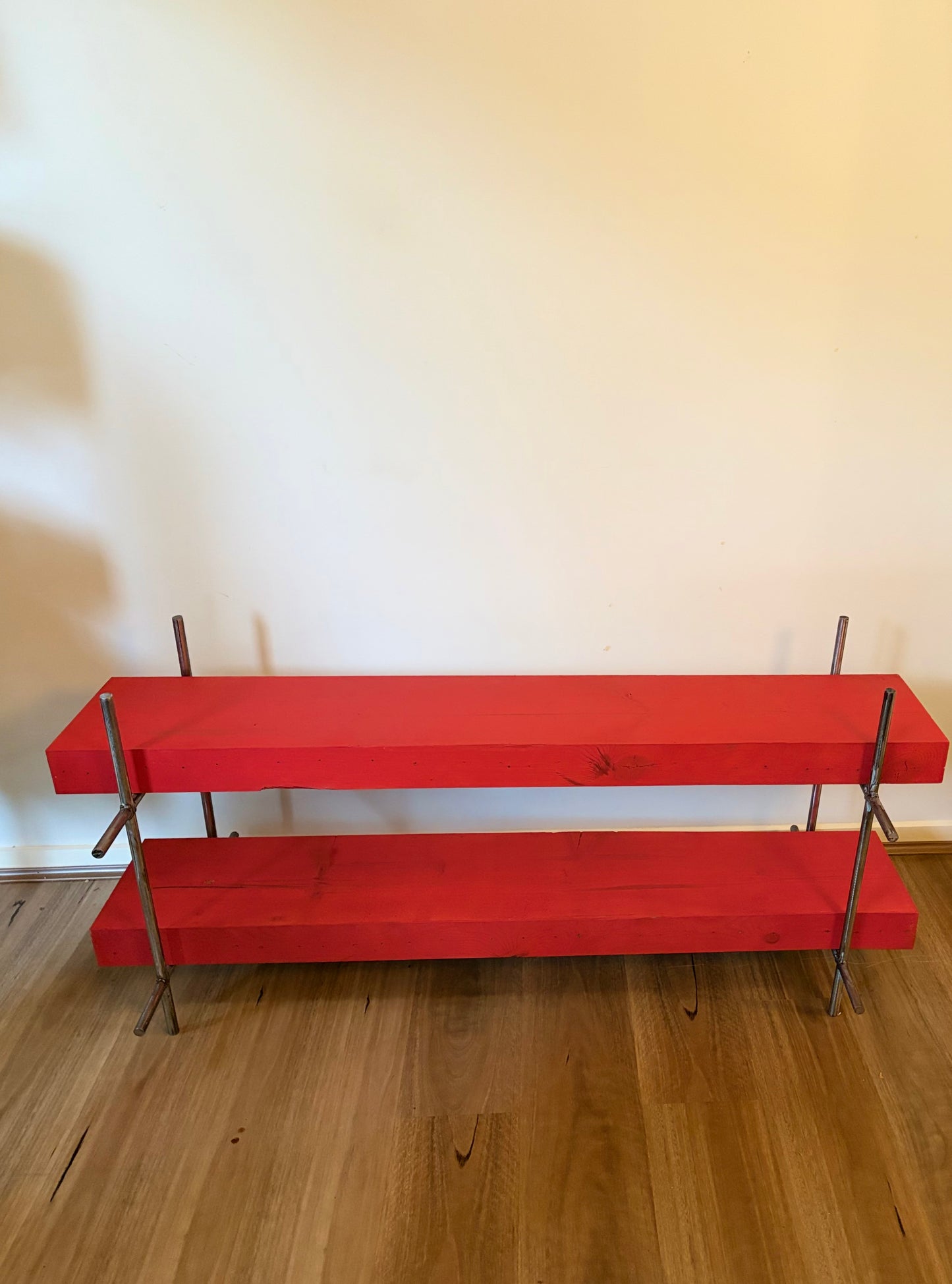 Polished Steel and Red Timber Table