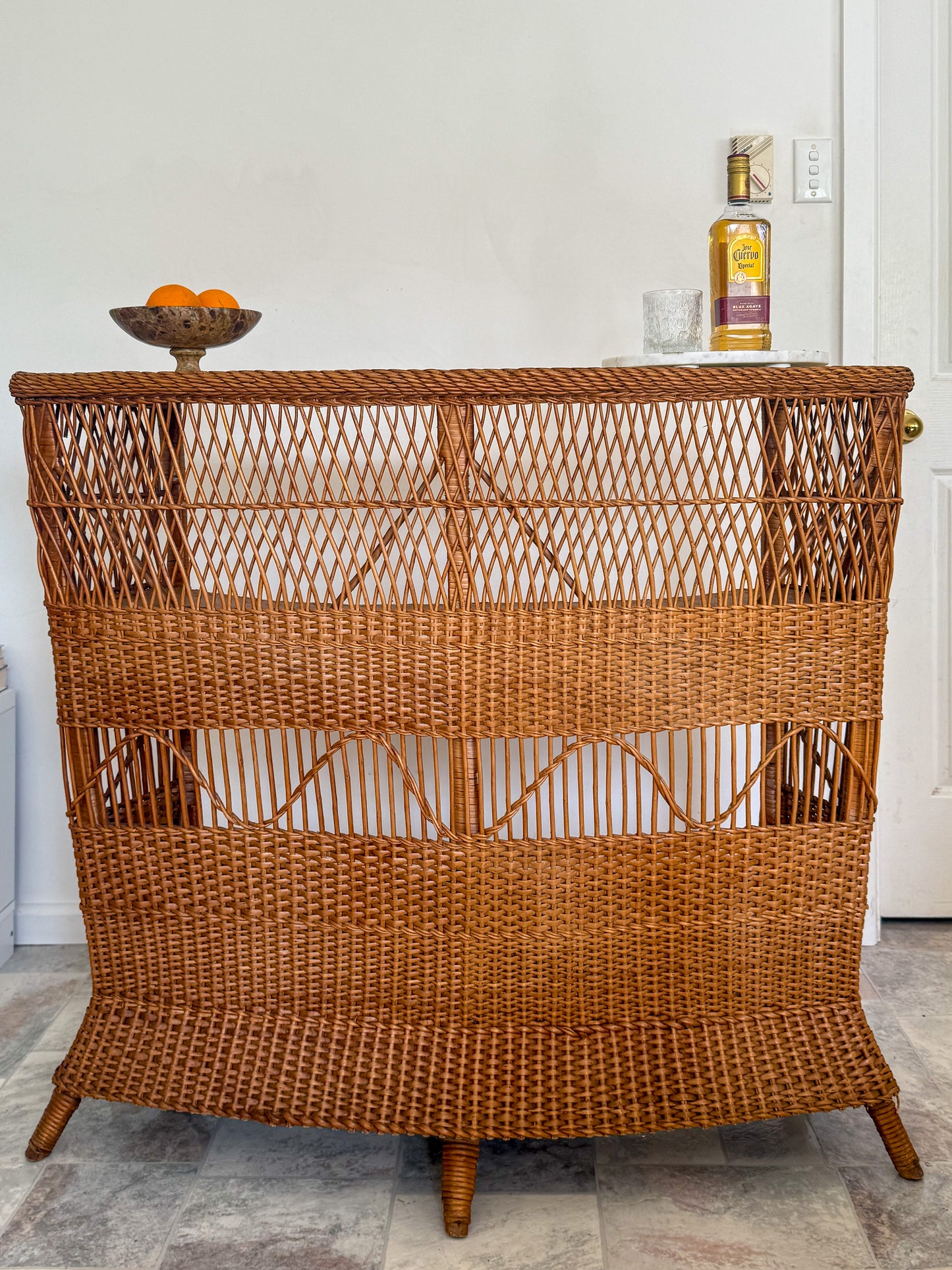 1960s Bamboo & Wicker Dry Bar – In the Style of Tito Agnoli