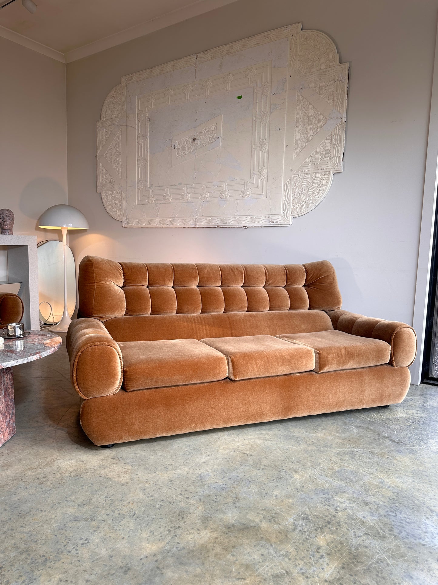 Vintage Tufted Caramel Velvet Sofa