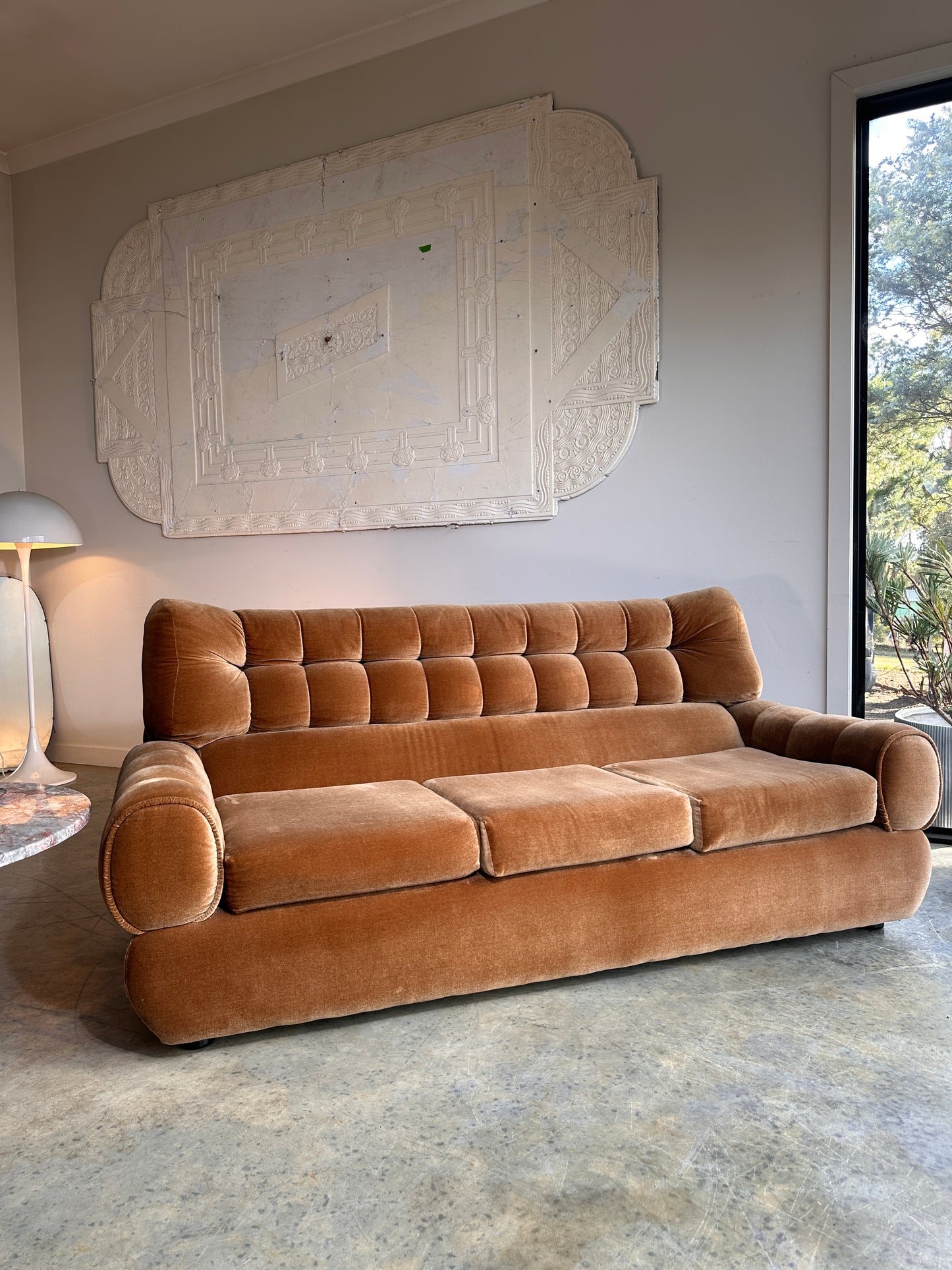 Vintage Tufted Caramel Velvet Sofa