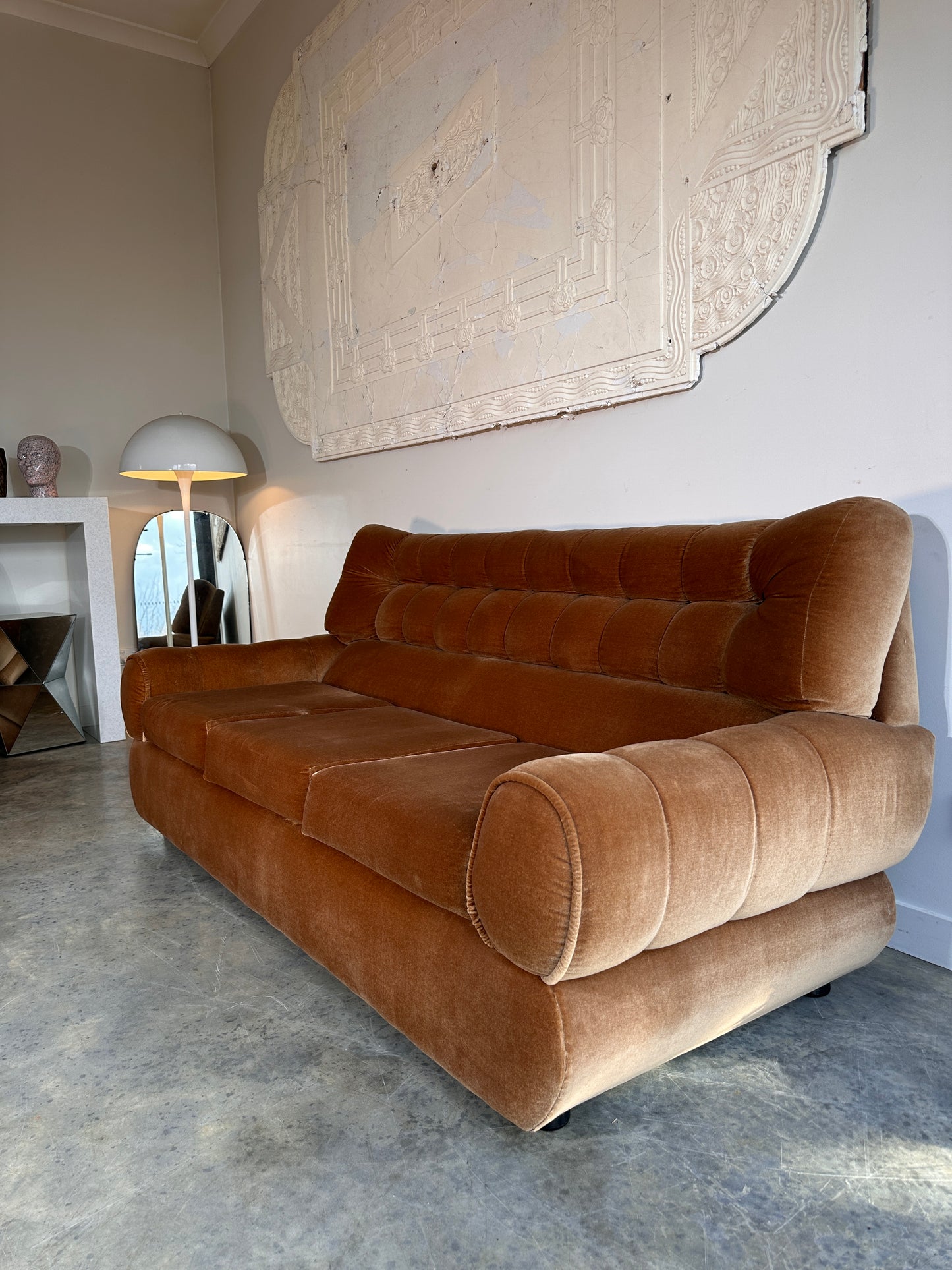 Vintage Tufted Caramel Velvet Sofa