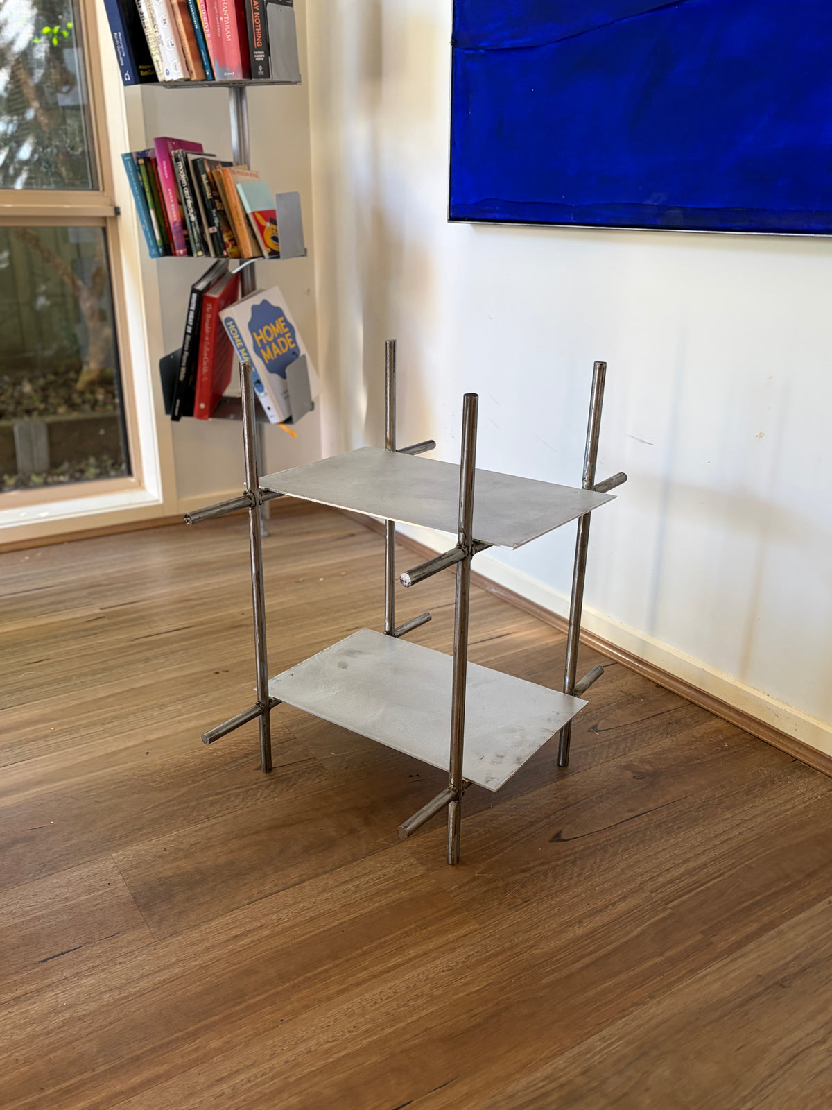 Sculptural Polished Steel Two-Tier Side Table