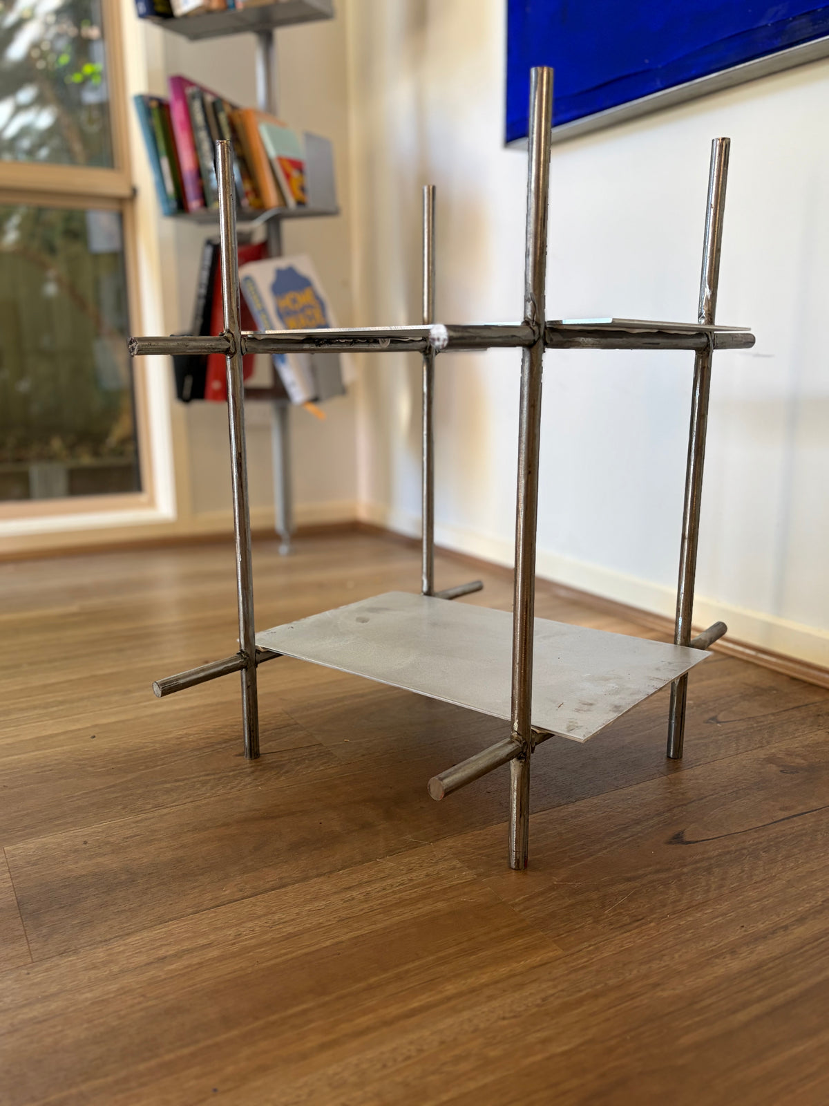 Sculptural Polished Steel Two-Tier Side Table