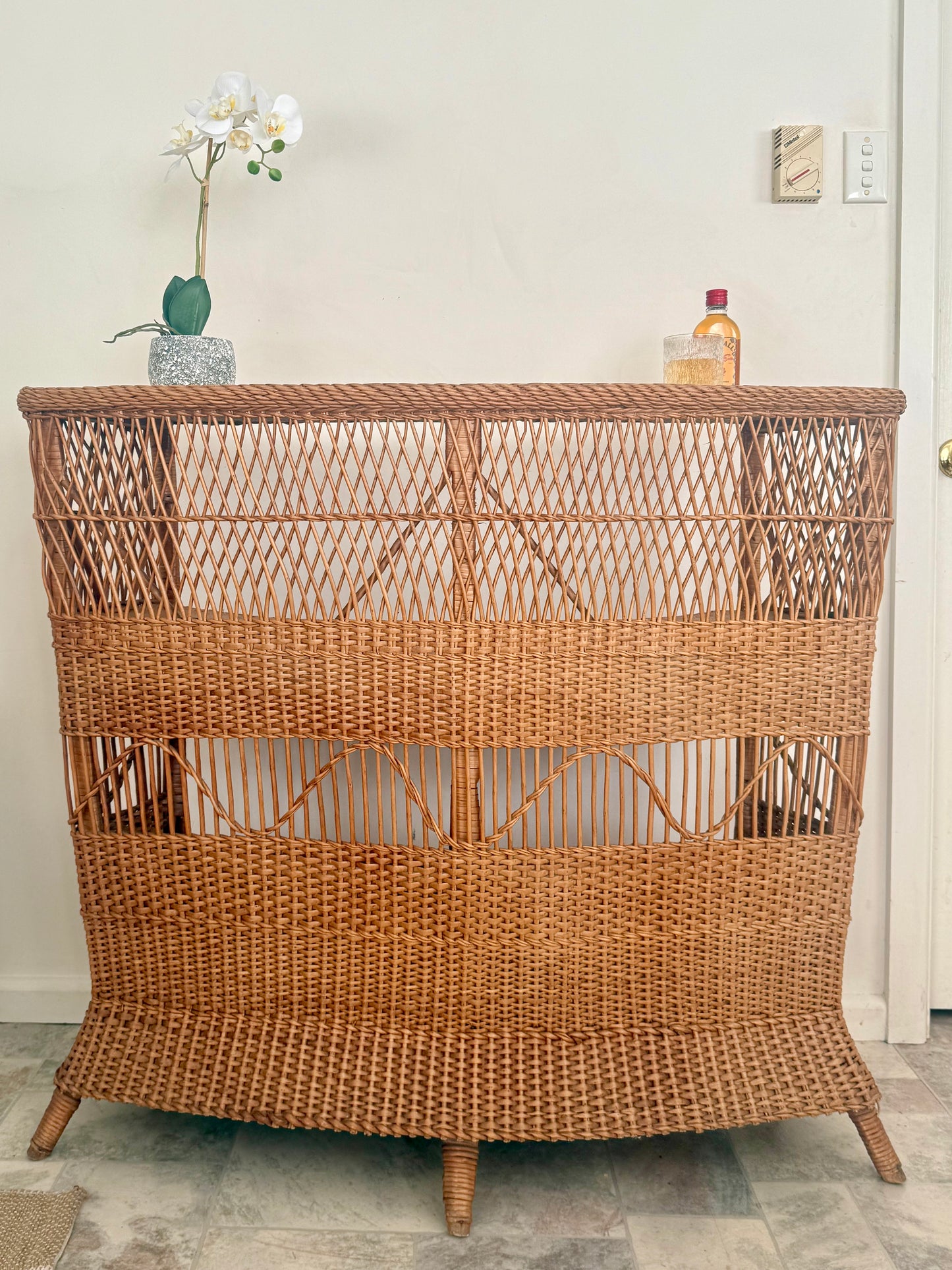 1960s Bamboo & Wicker Dry Bar – In the Style of Tito Agnoli