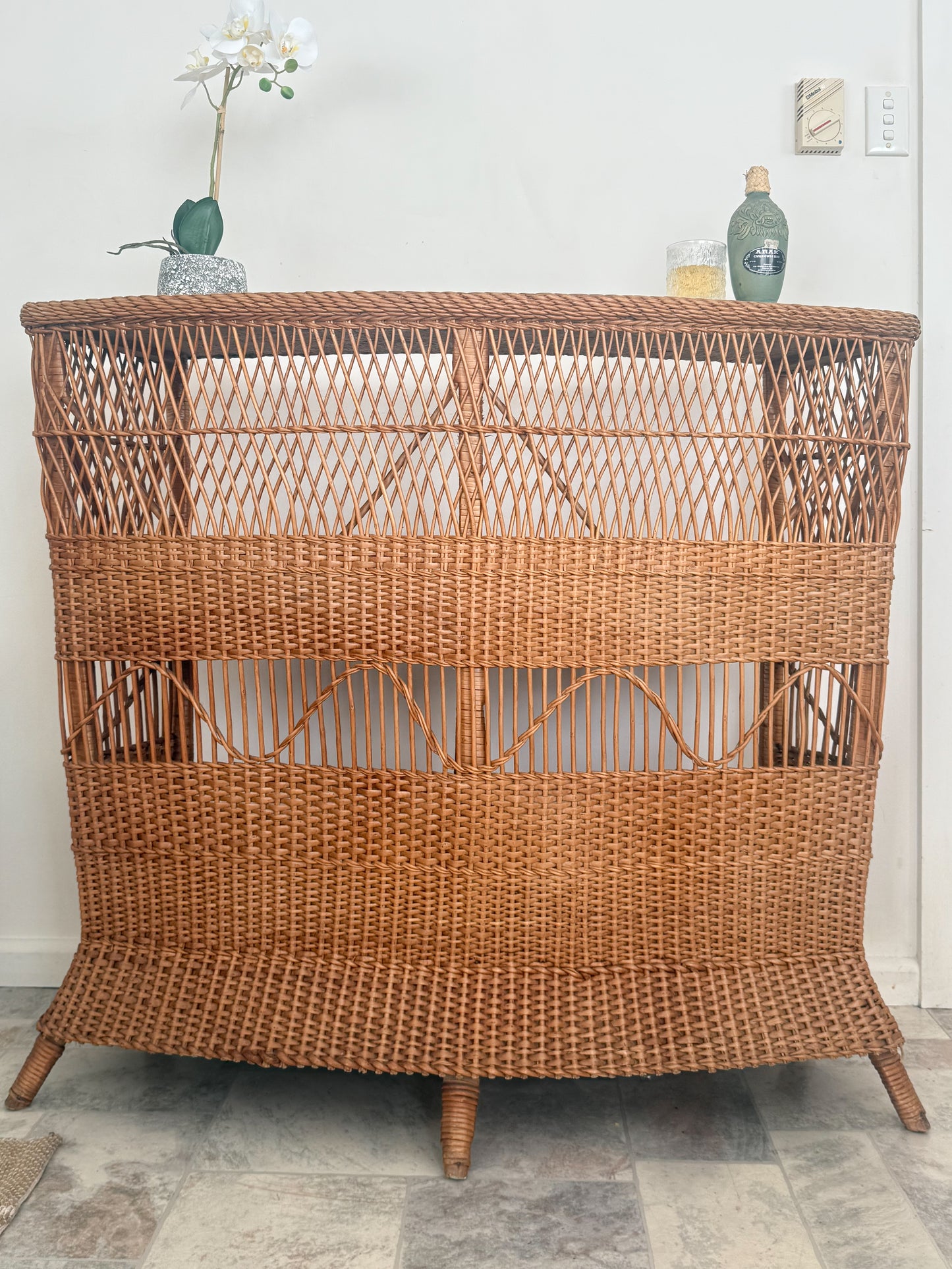 1960s Bamboo & Wicker Dry Bar – In the Style of Tito Agnoli