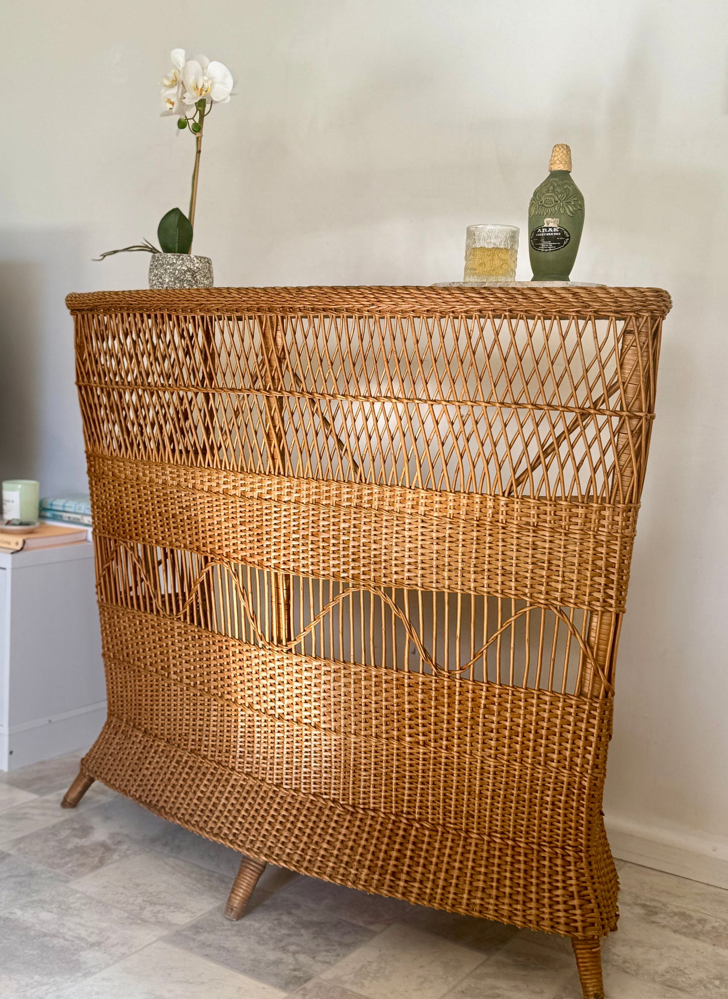 1960s Bamboo & Wicker Dry Bar – In the Style of Tito Agnoli