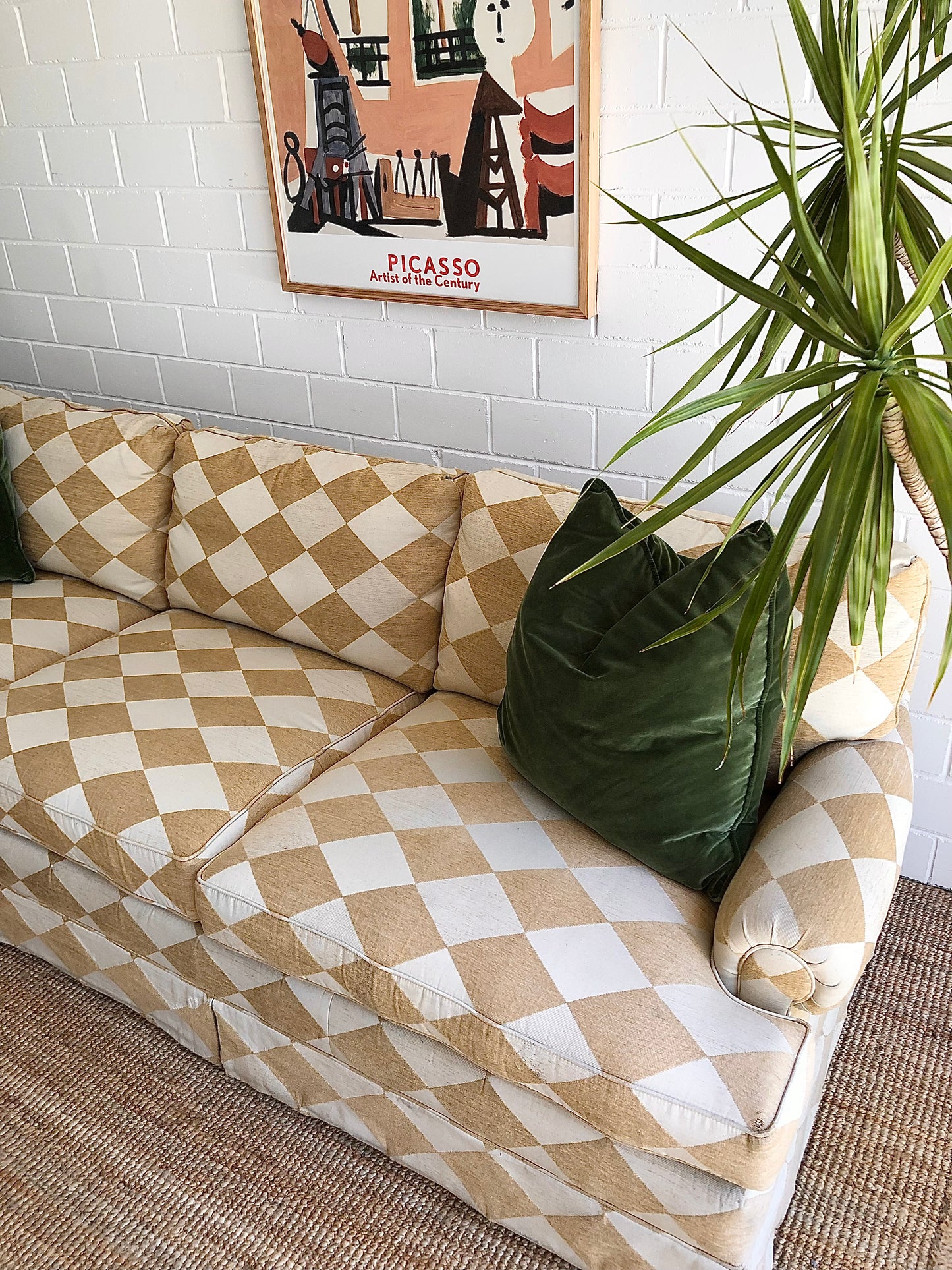 Vintage Cream & Gold Checker Sofa