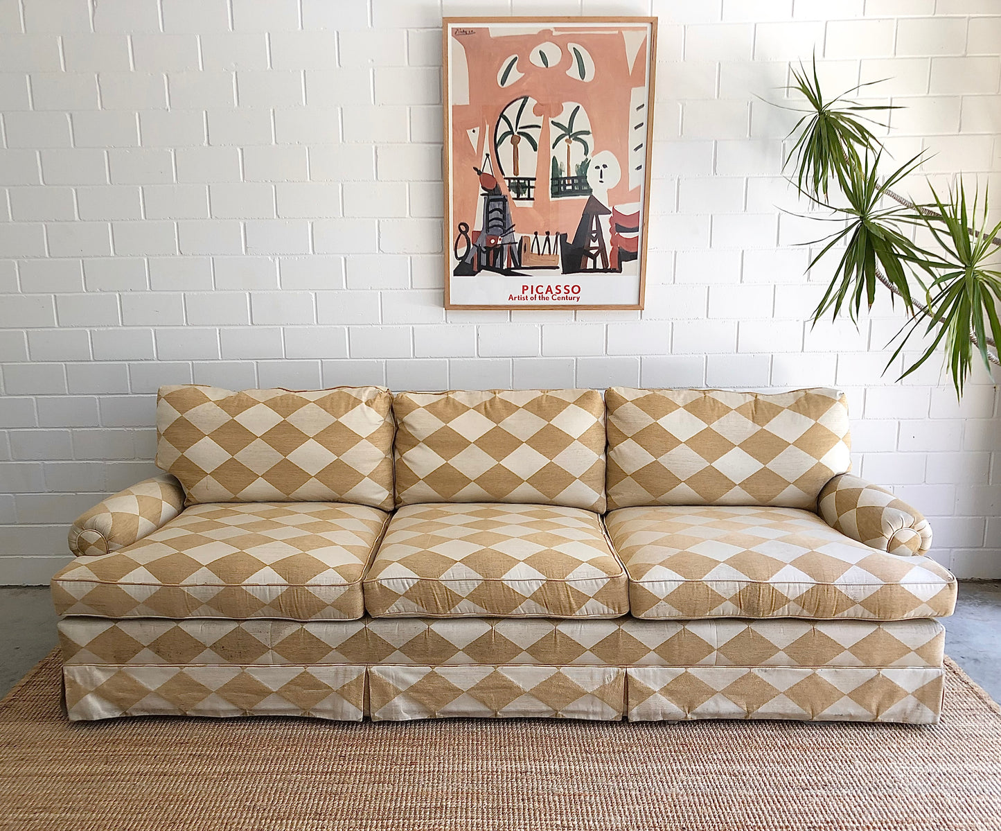 Vintage Cream & Gold Checker Sofa