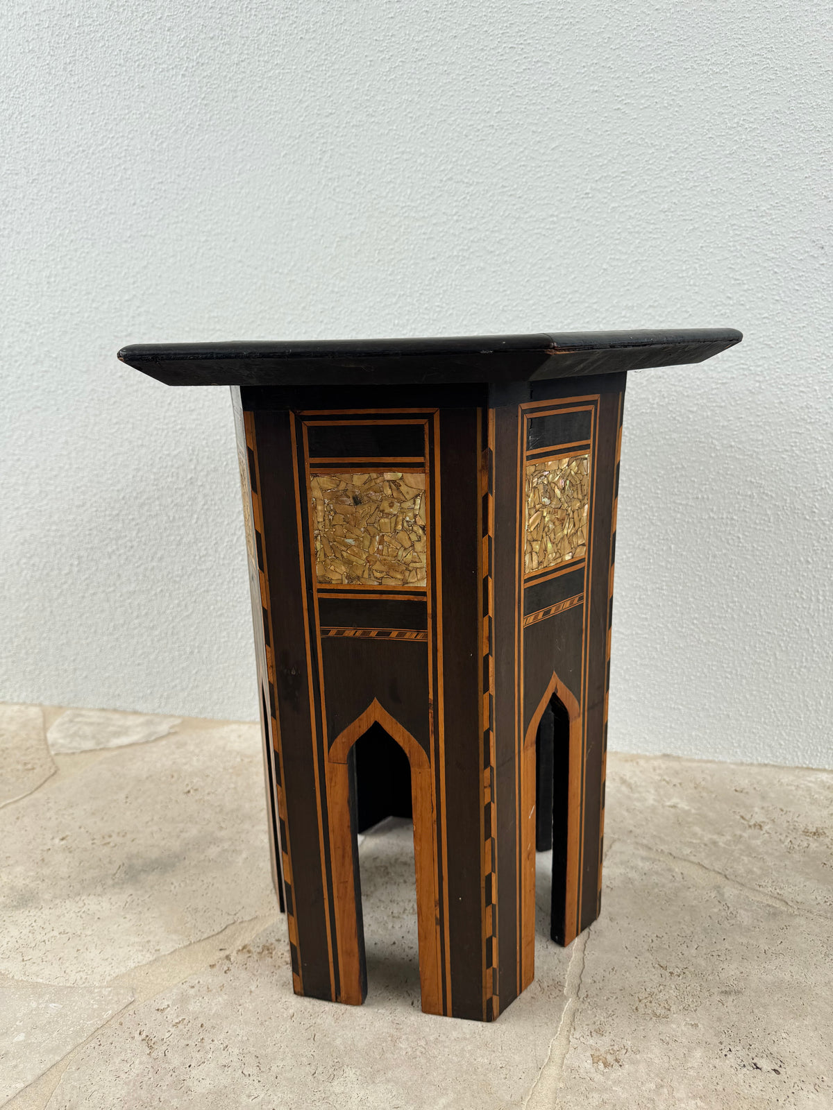 Vintage Damascene Style Hexagonal Side Table with Mother of Pearl Inlay