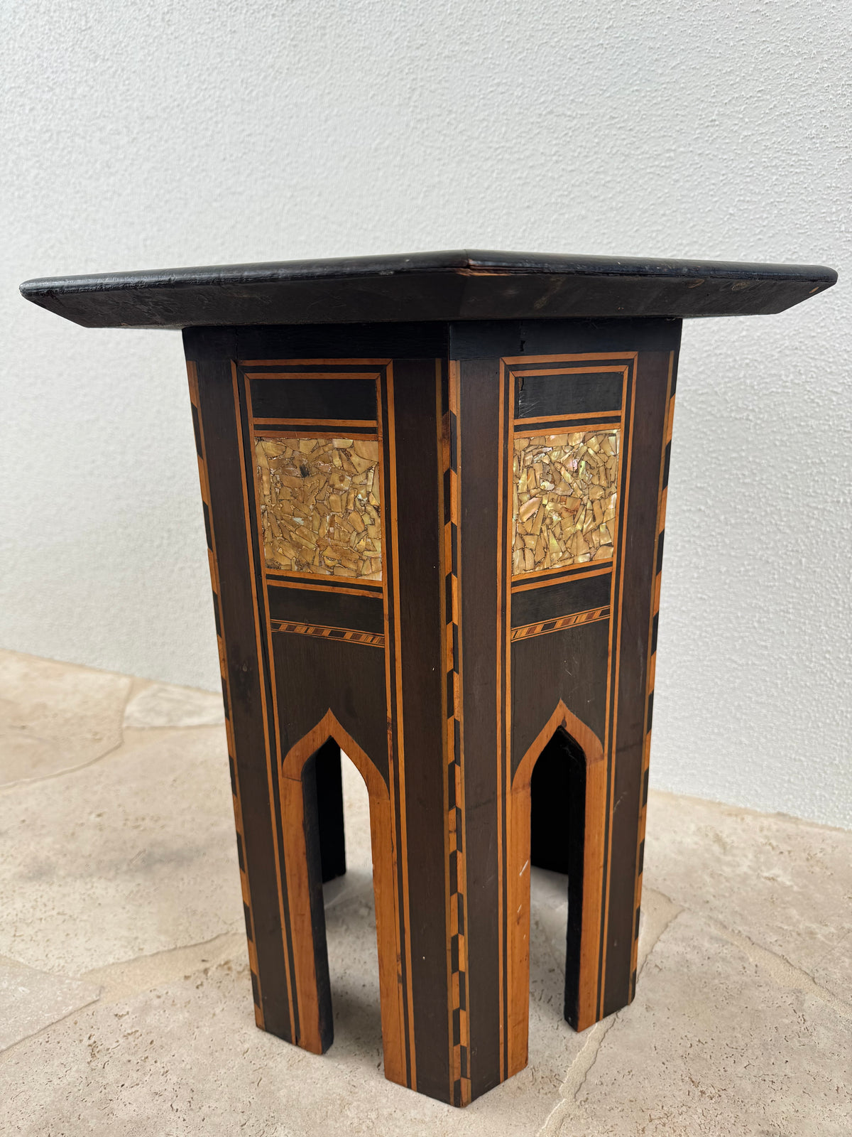 Vintage Damascene Style Hexagonal Side Table with Mother of Pearl Inlay
