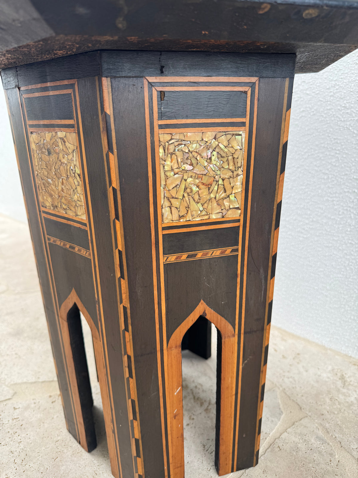 Vintage Damascene Style Hexagonal Side Table with Mother of Pearl Inlay