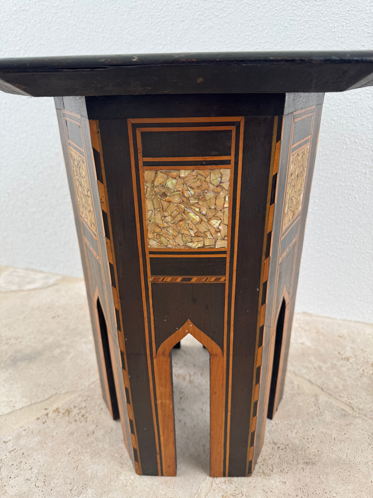 Vintage Damascene Style Hexagonal Side Table with Mother of Pearl Inlay