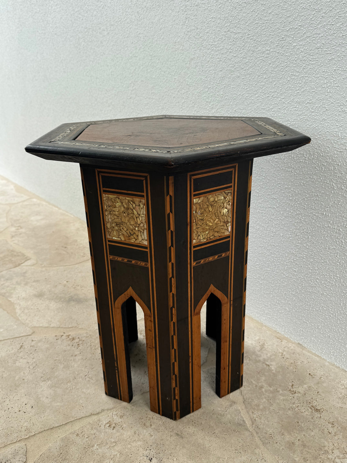 Vintage Damascene Style Hexagonal Side Table with Mother of Pearl Inlay