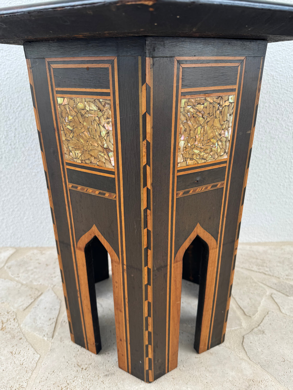 Vintage Damascene Style Hexagonal Side Table with Mother of Pearl Inlay