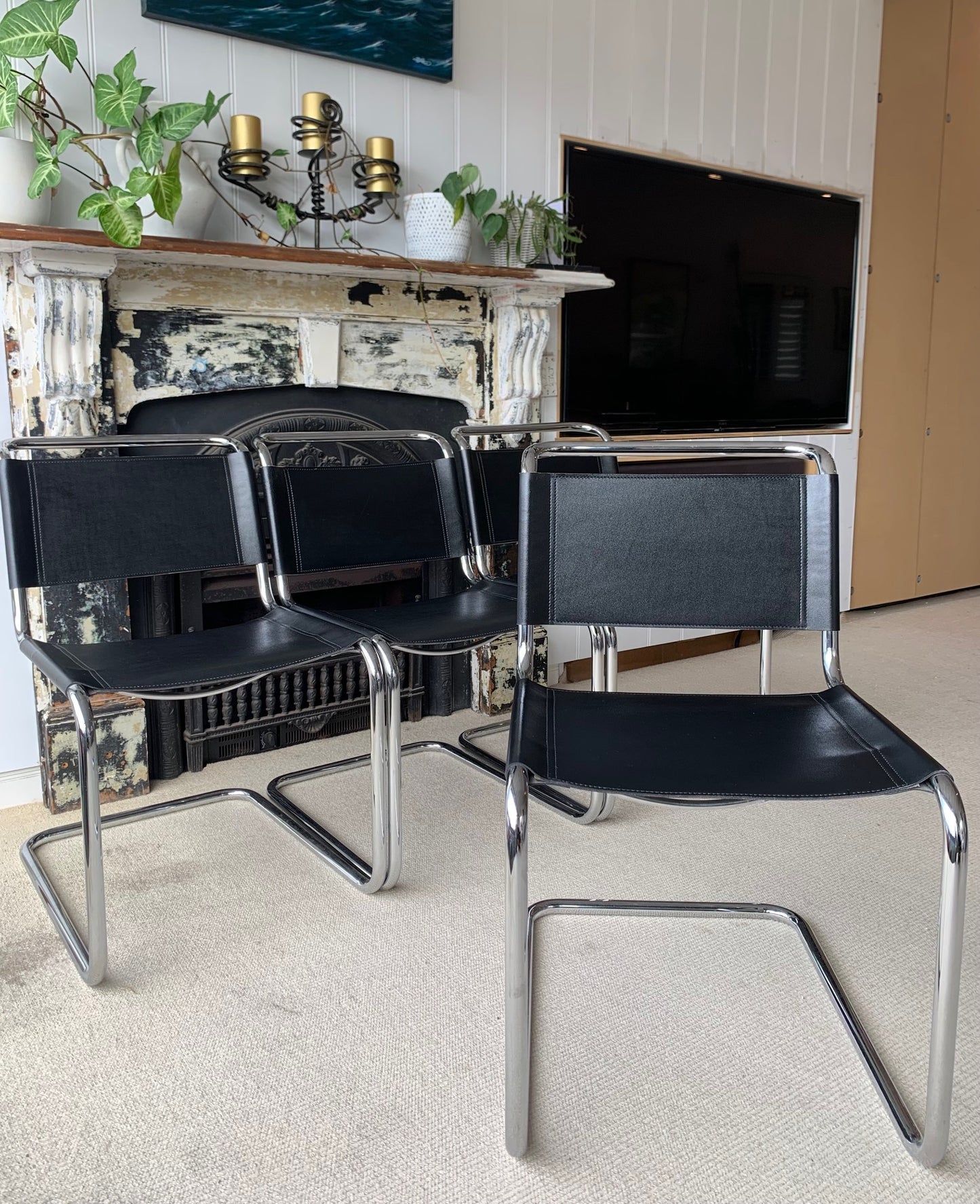 Vintage Black Leather Italian-Made Spoleto Bespoke Dining Chairs
