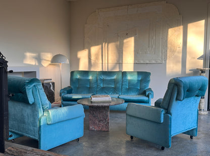 Vintage Blue Velvet Space-Age Sofa & Armchairs - 60's