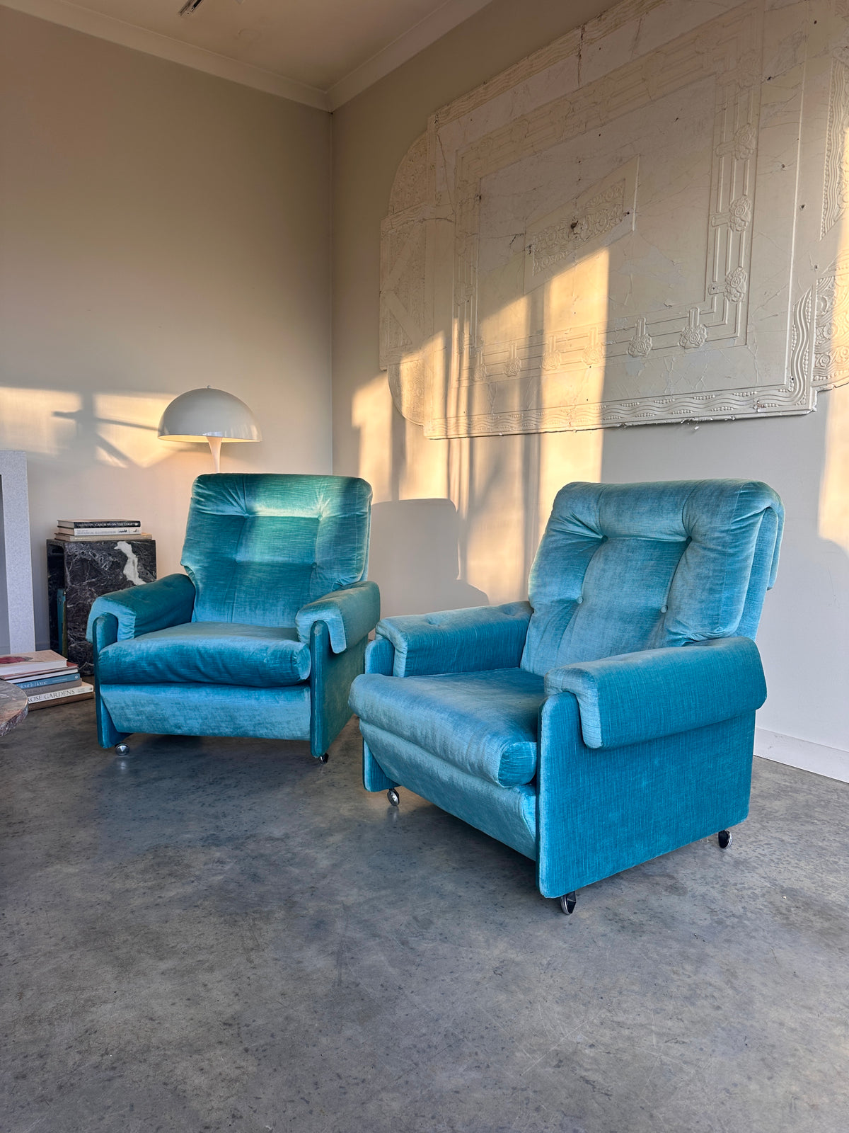Vintage Blue Velvet Space-Age Sofa & Armchairs - 60's