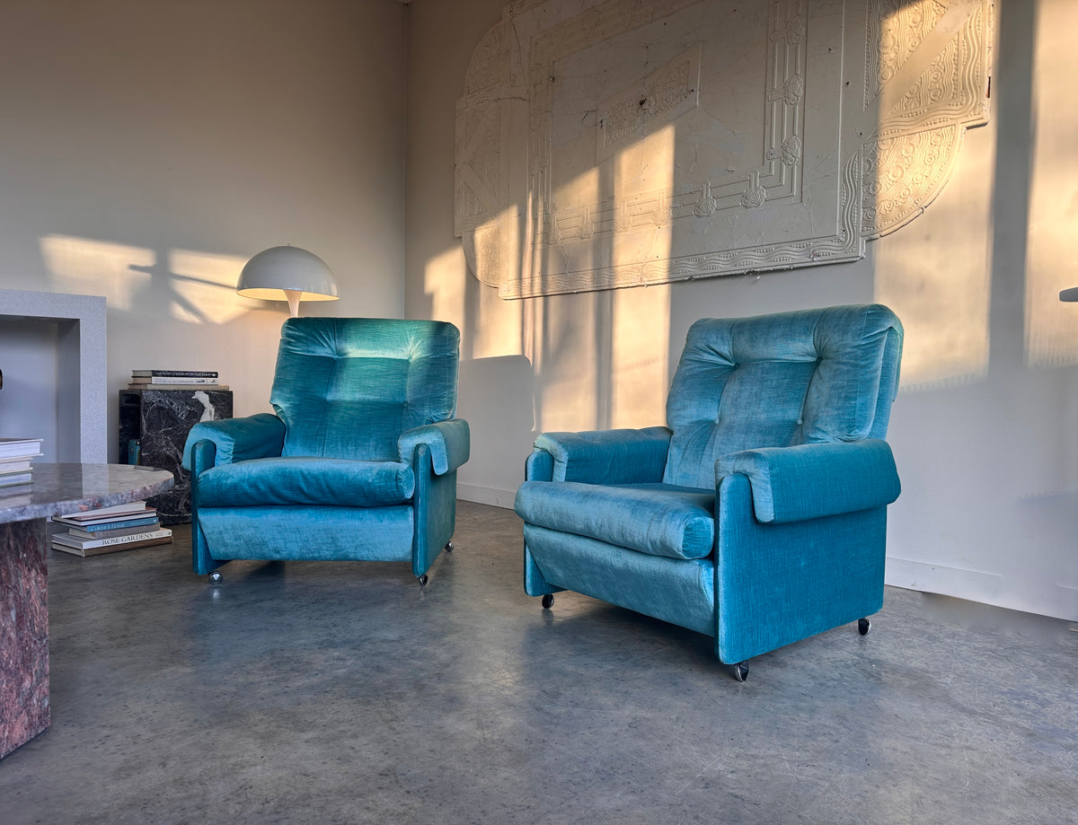 Vintage Blue Velvet Space-Age Sofa & Armchairs - 60's