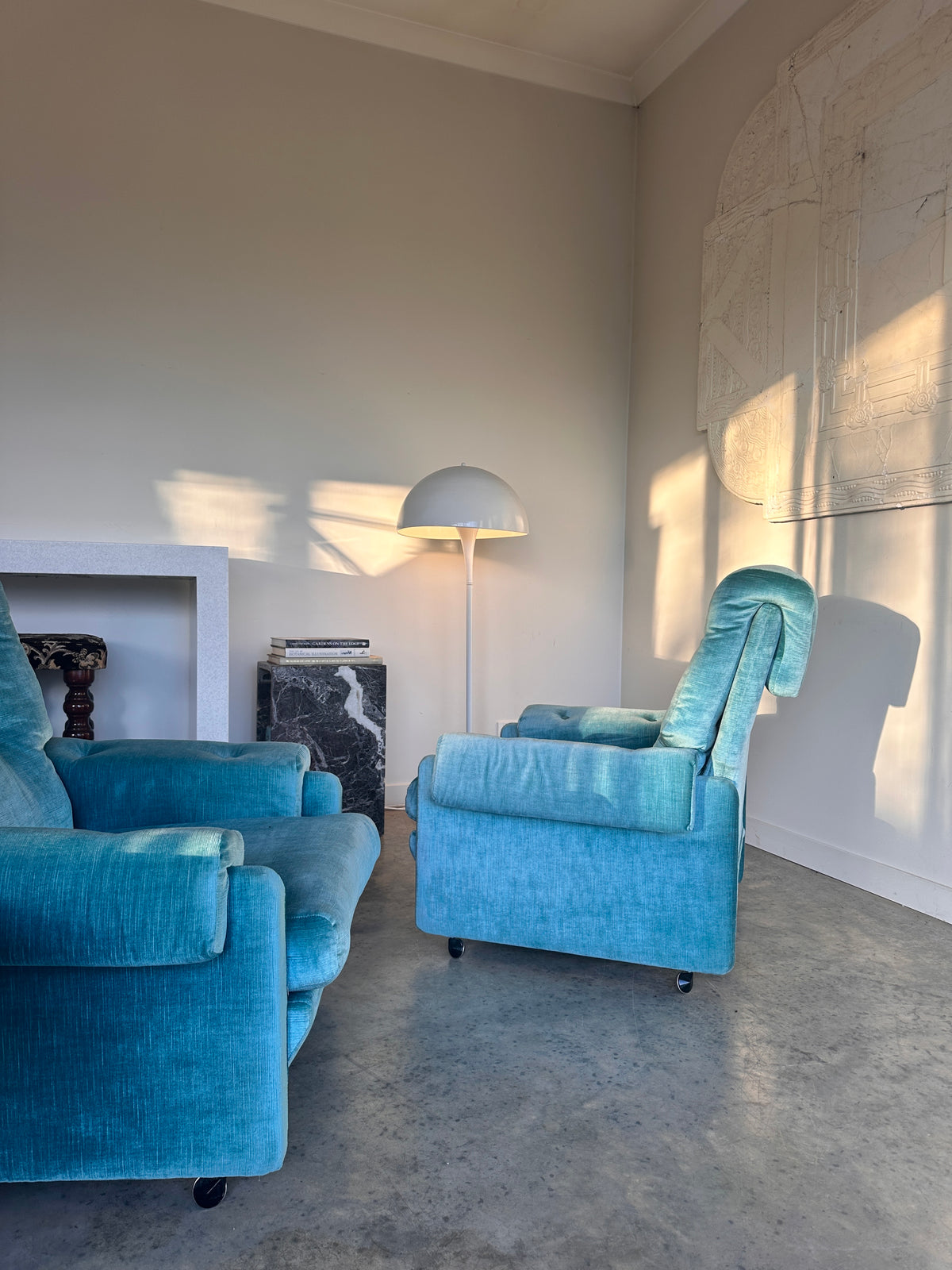Vintage Blue Velvet Space-Age Sofa & Armchairs - 60's