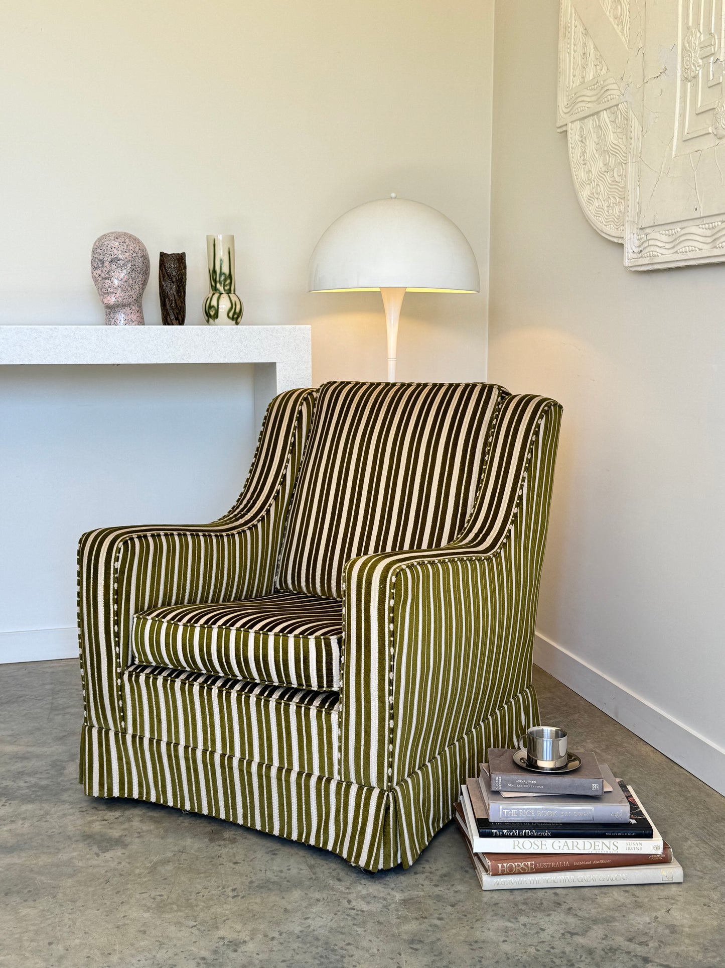 Vintage Green Velvet Stripe Sofa + Armchairs - Box Pleat Skirt