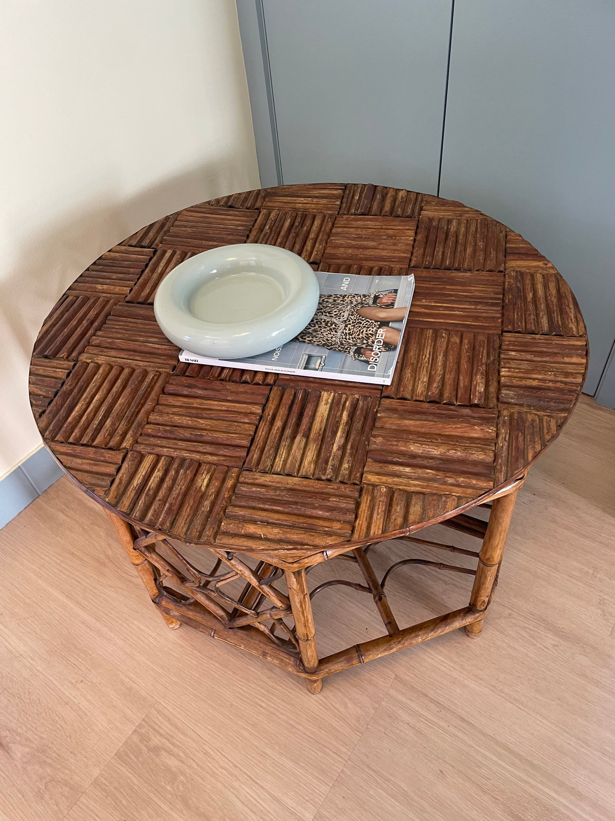 Vintage parquetry bamboo side table