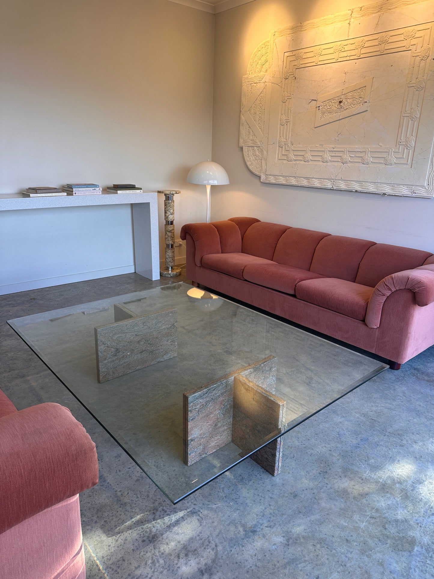 Enormous Vintage Glass & Pink Granite Coffee Table, 80's
