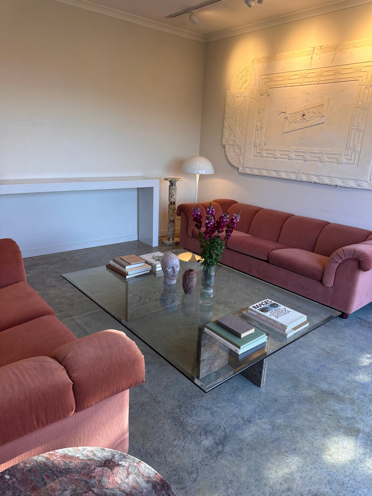 Enormous Vintage Glass & Pink Granite Coffee Table, 80's