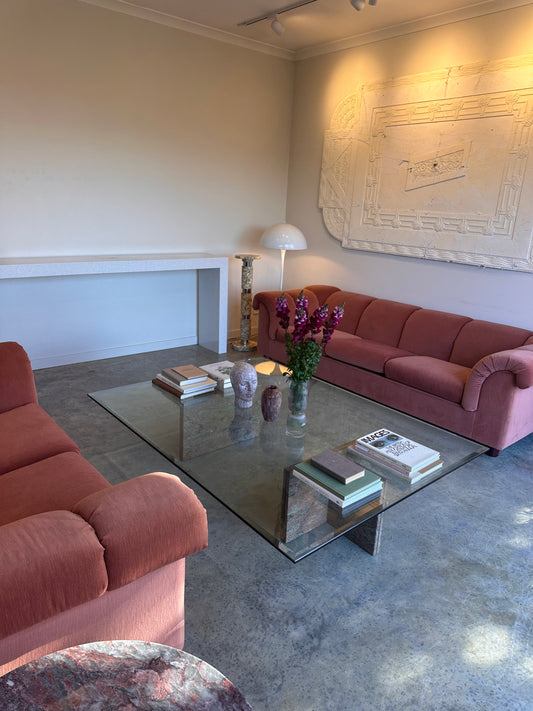 Enormous Vintage Glass & Pink Granite Coffee Table, 80's