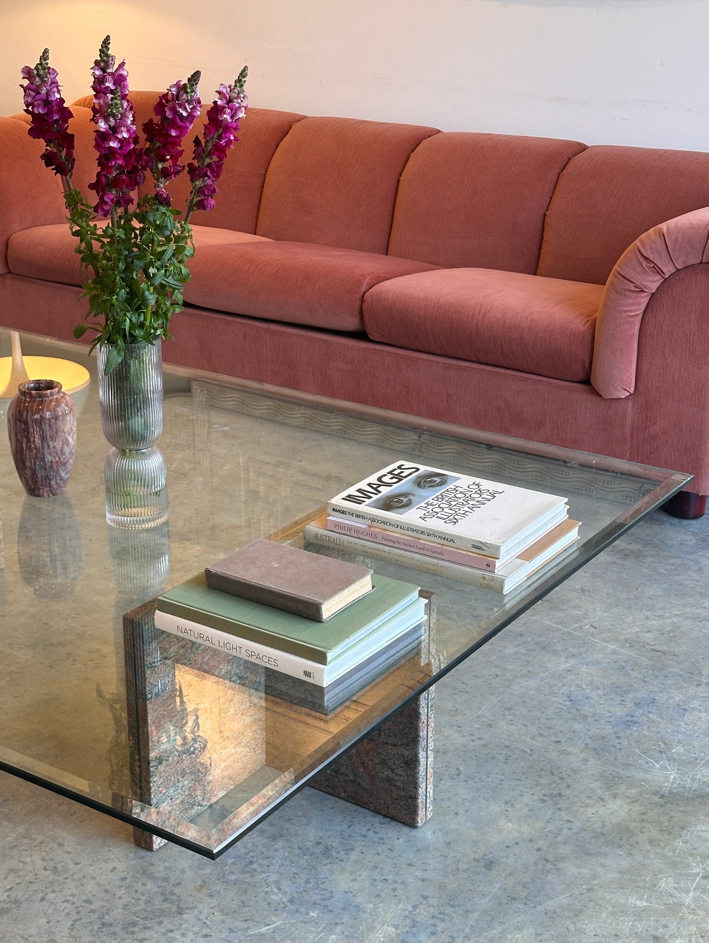 Enormous Vintage Glass & Pink Granite Coffee Table, 80's