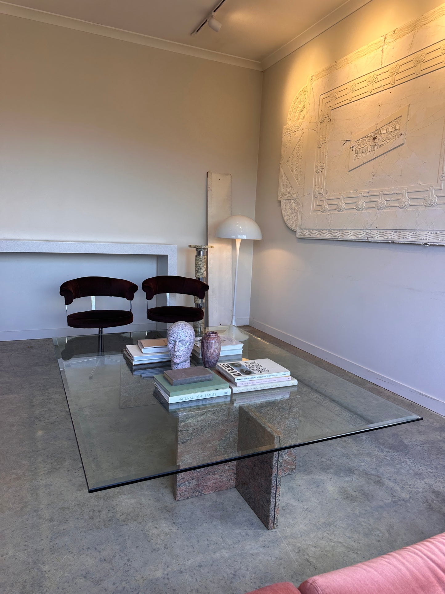 Enormous Vintage Glass & Pink Granite Coffee Table, 80's