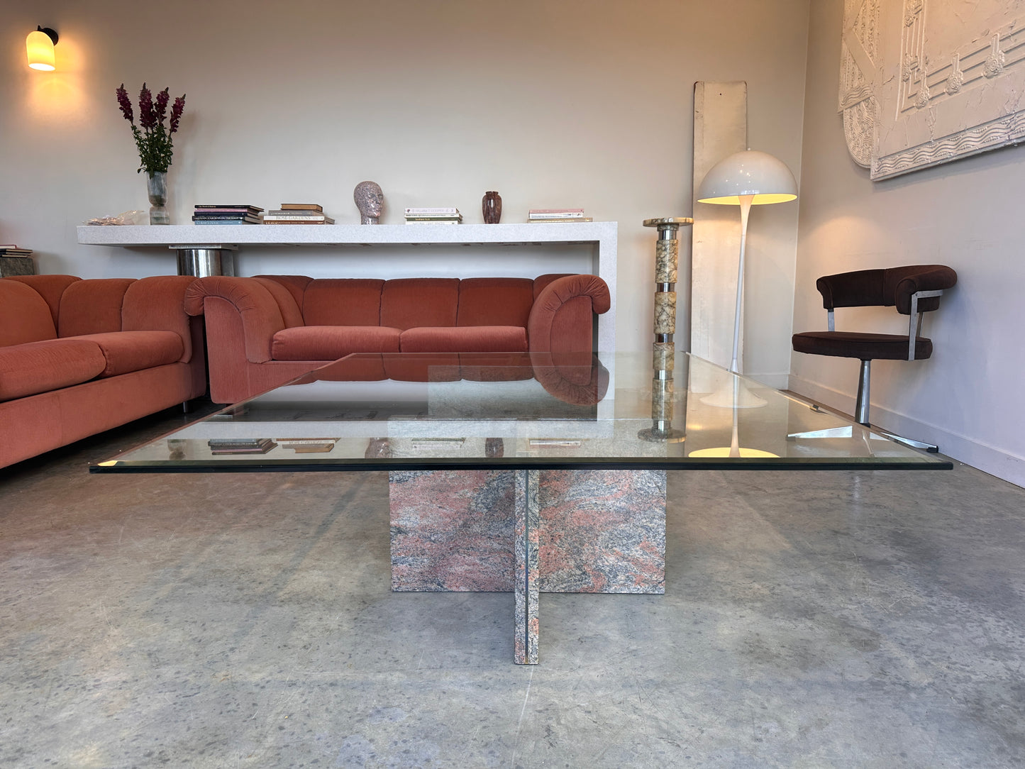 Enormous Vintage Glass & Pink Granite Coffee Table, 80's