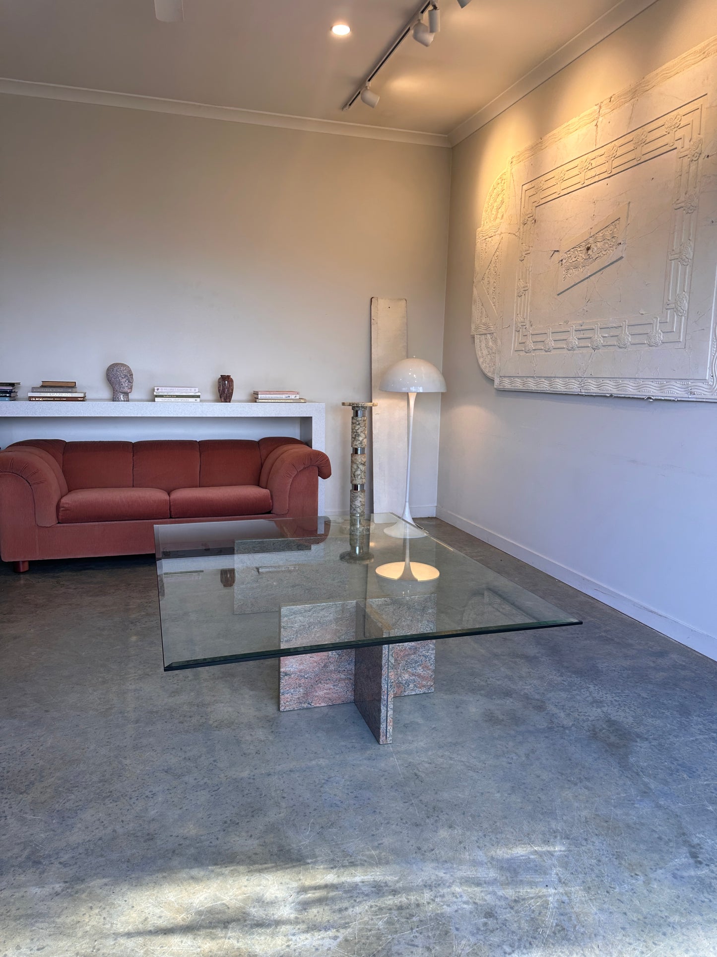 Enormous Vintage Glass & Pink Granite Coffee Table, 80's