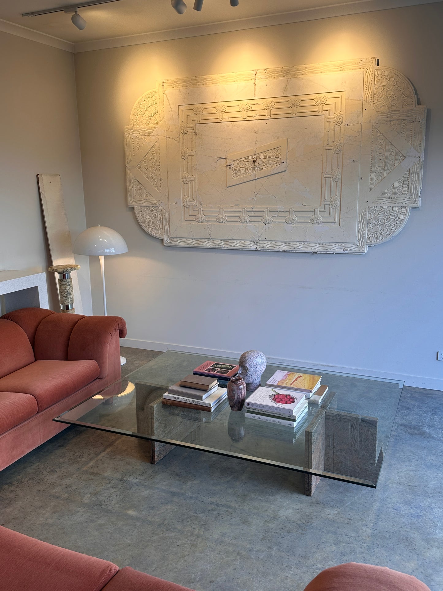 Enormous Vintage Glass & Pink Granite Coffee Table, 80's