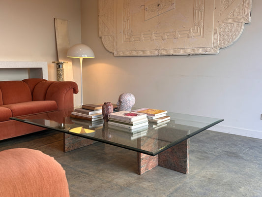 Enormous Vintage Glass & Pink Granite Coffee Table, 80's