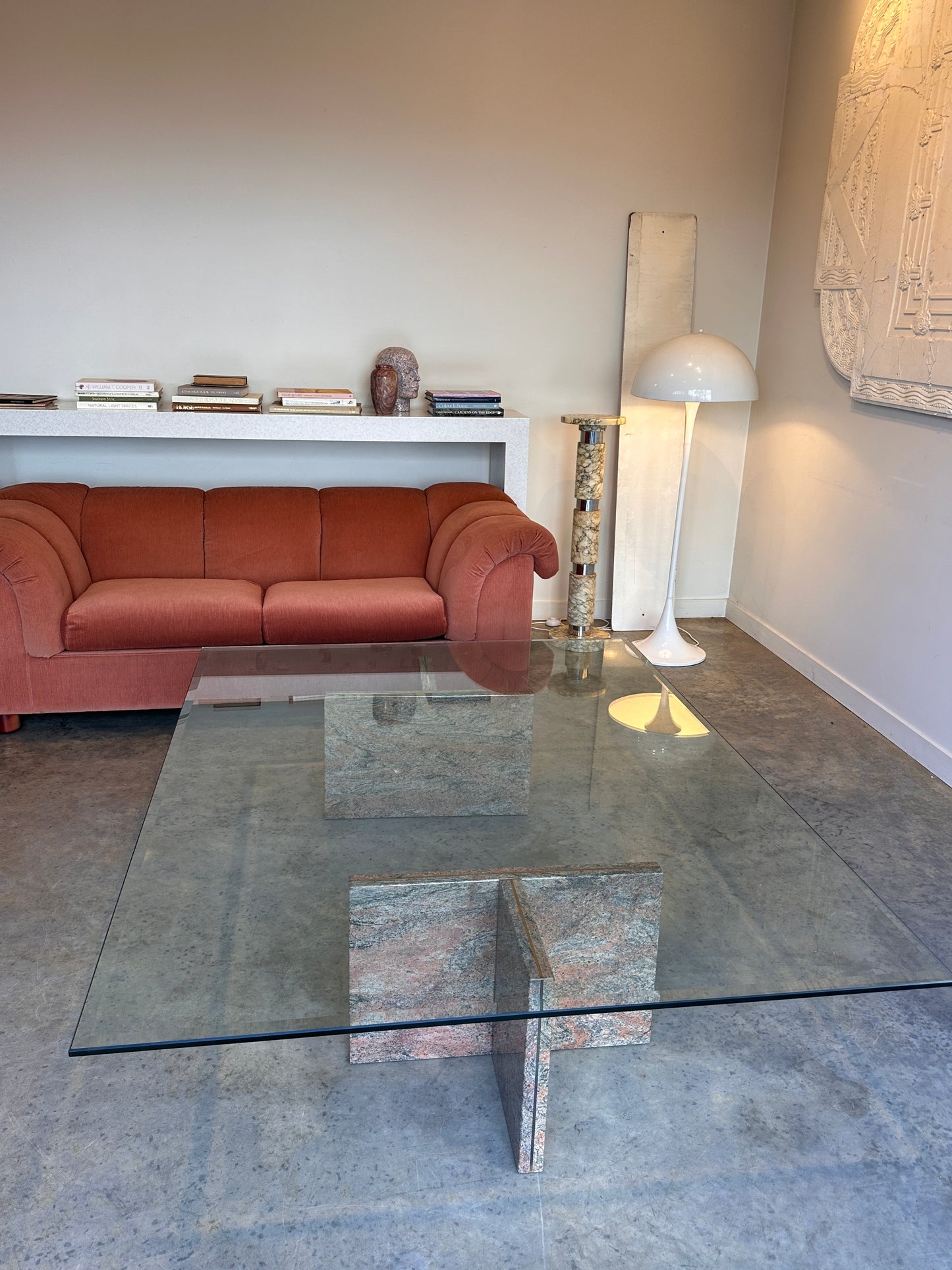 Enormous Vintage Glass & Pink Granite Coffee Table, 80's