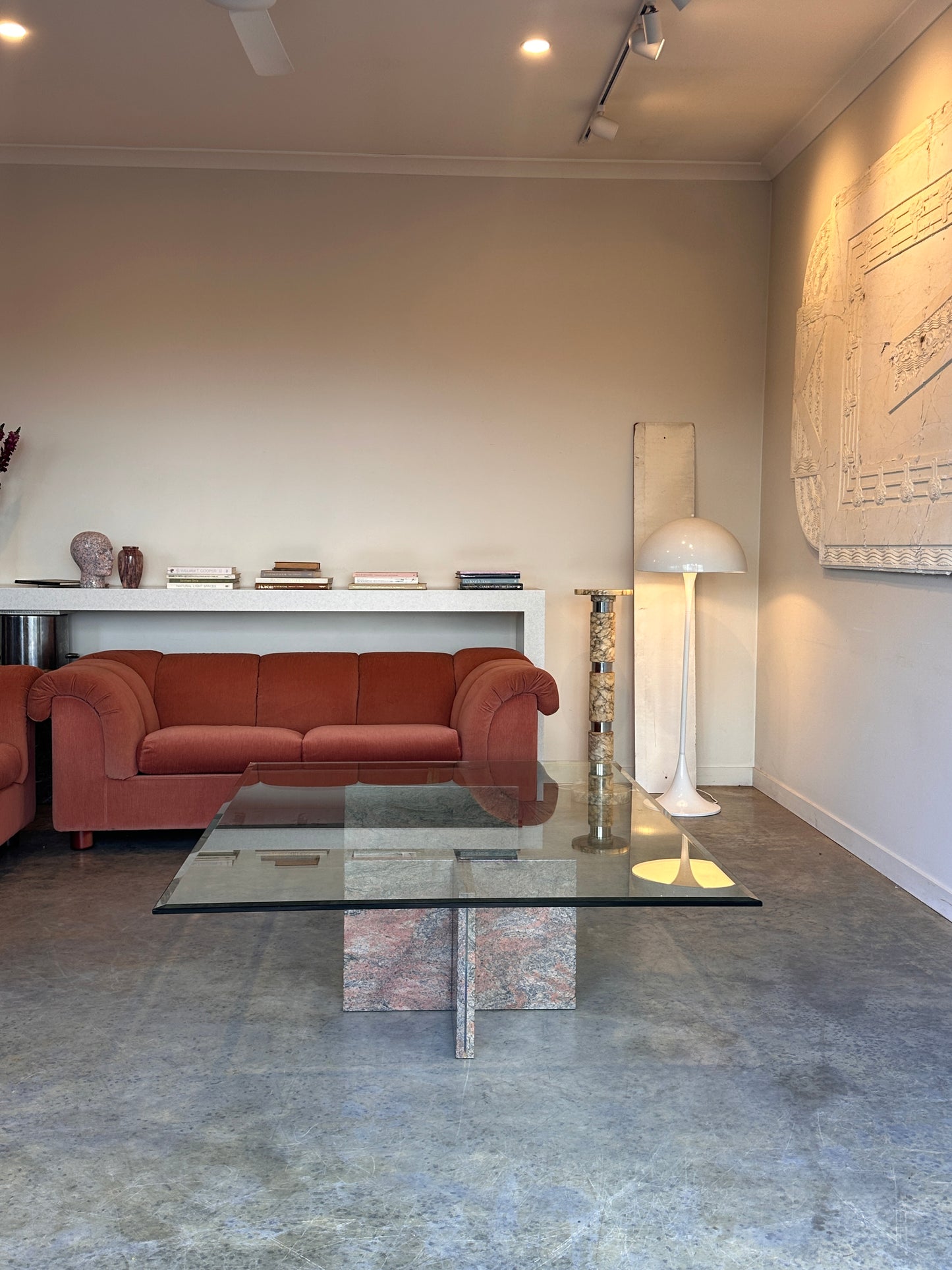 Enormous Vintage Glass & Pink Granite Coffee Table, 80's