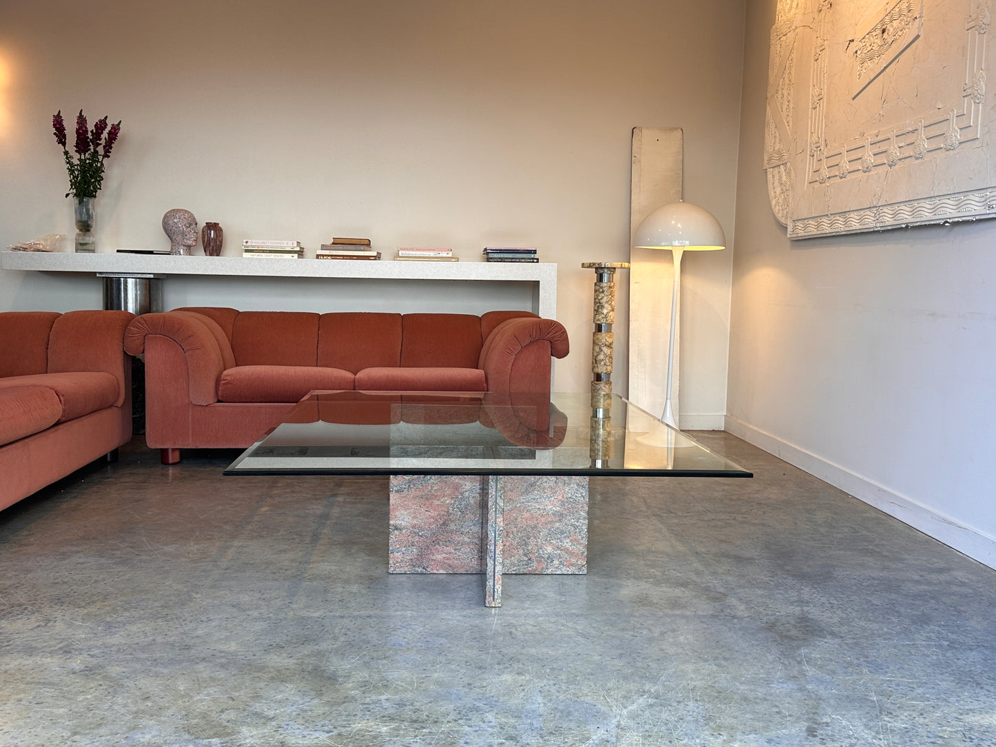 Enormous Vintage Glass & Pink Granite Coffee Table, 80's